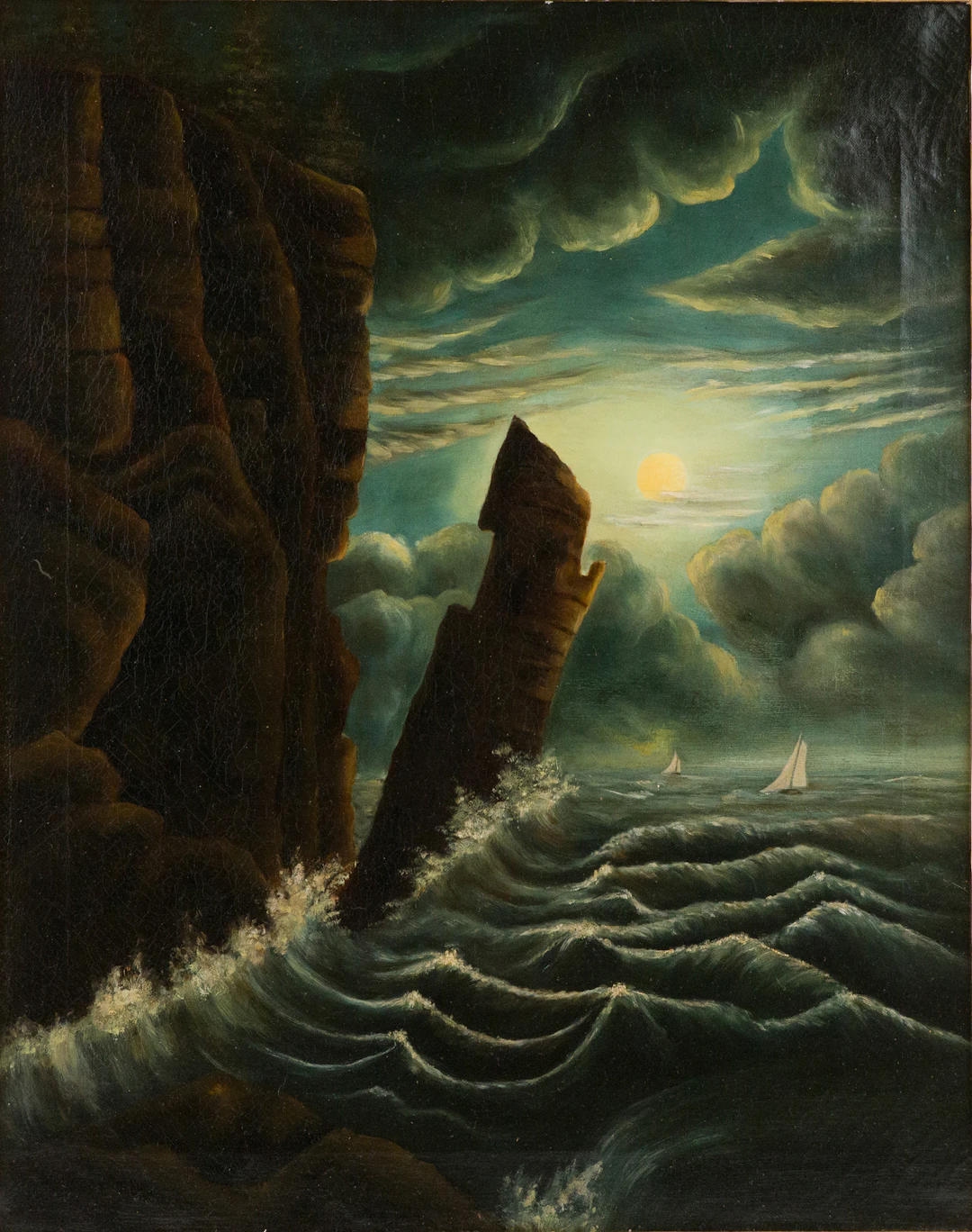 Seaside Cliffs in Moonlight, Oil on Canvas