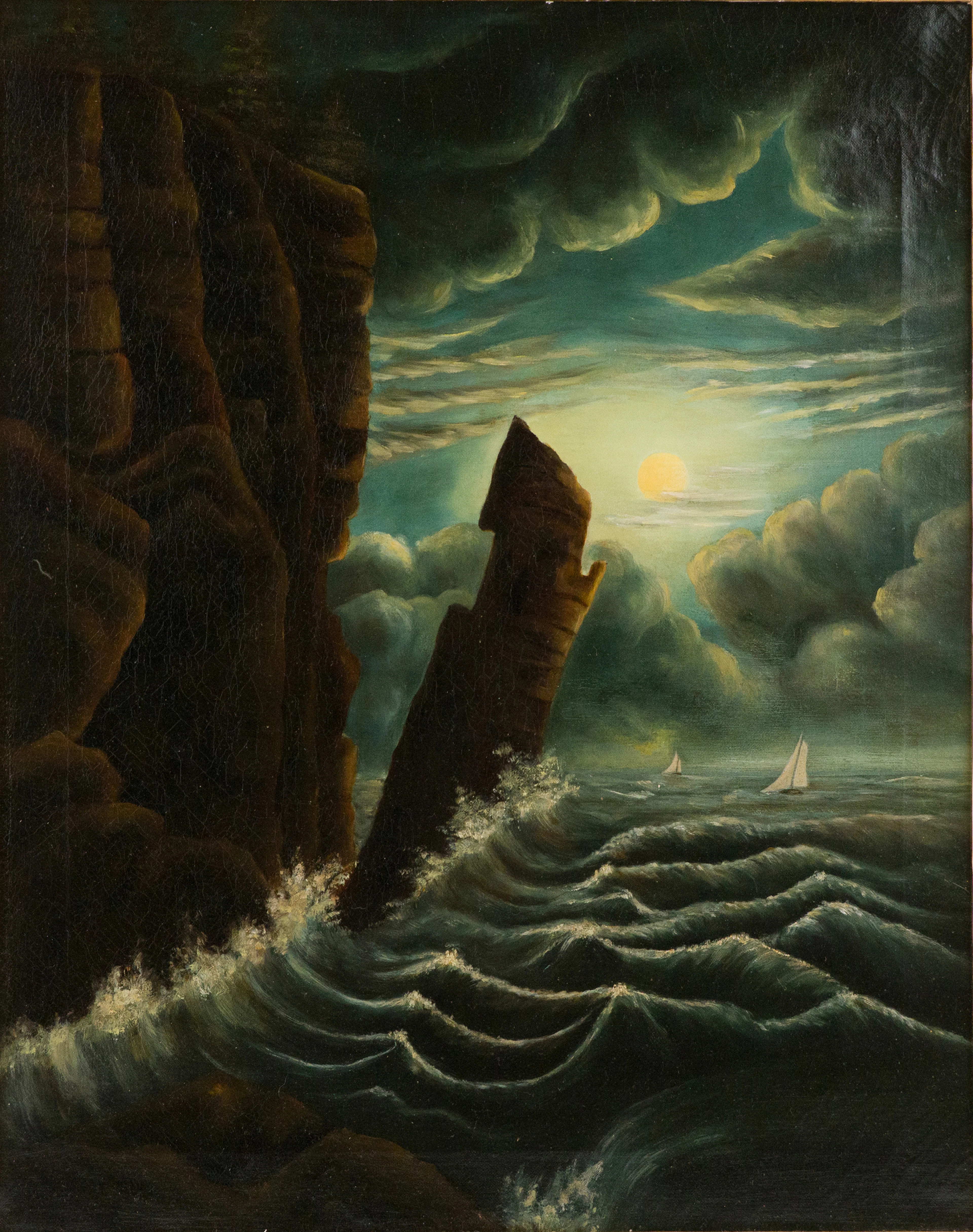 Seaside Cliffs in Moonlight, Oil on Canvas