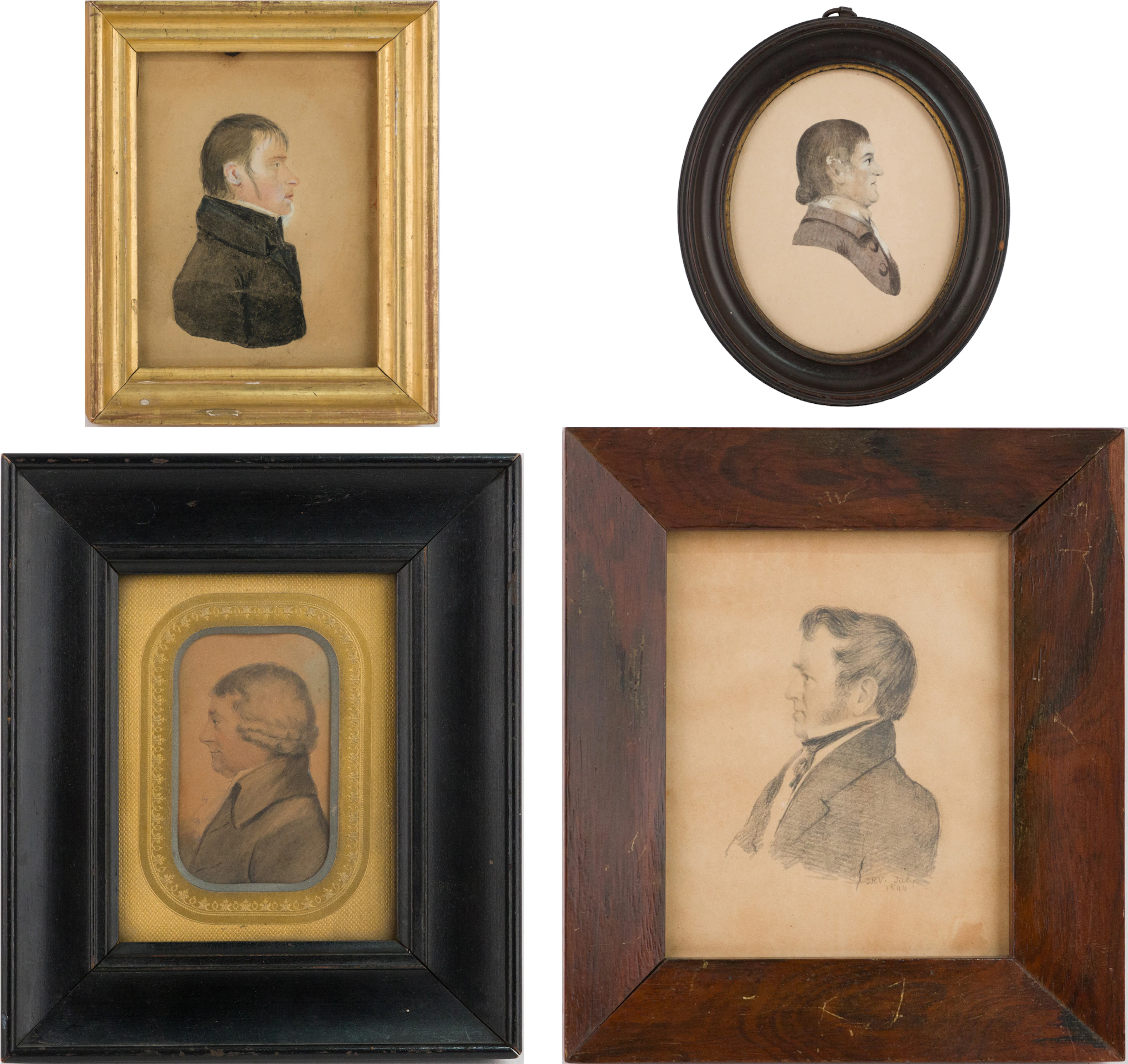 Four Portraits of Gentlemen in Profile, Pencil and Watercolor on Paper