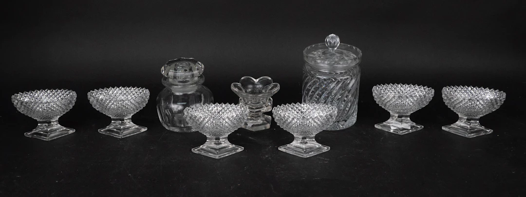 Six Hobnail Colorless Glass Footed Nut Dishes