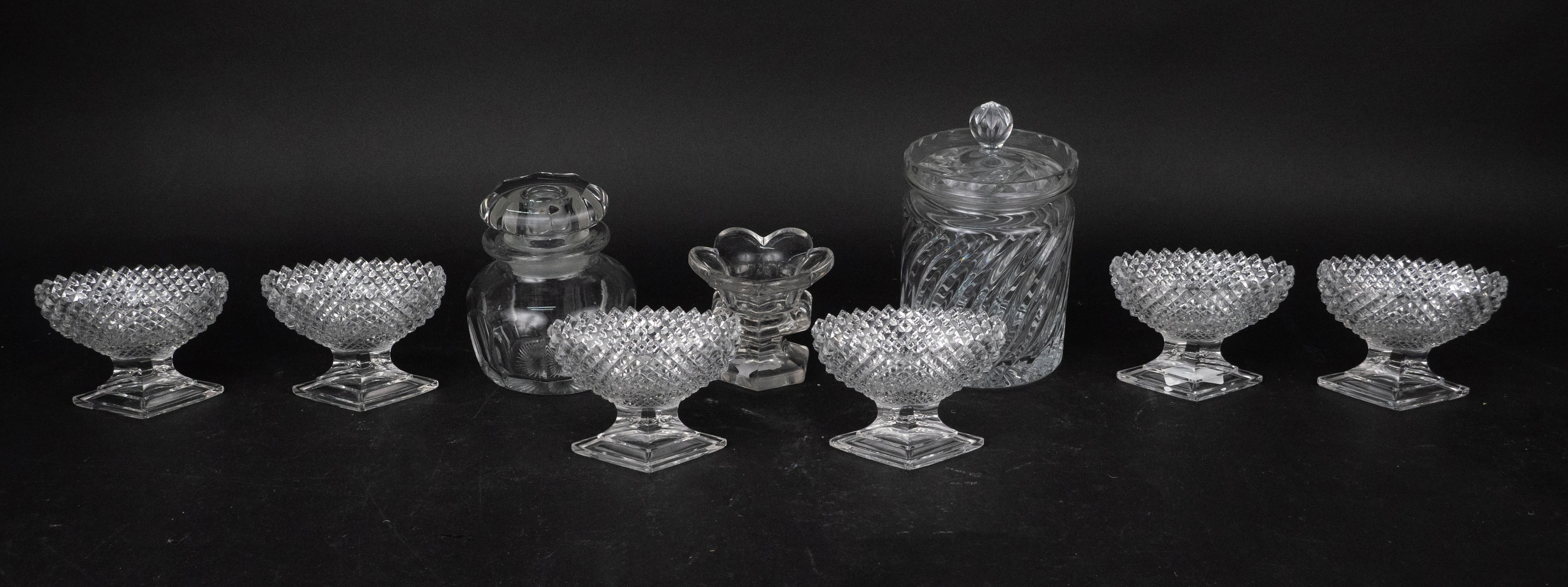 Six Hobnail Colorless Glass Footed Nut Dishes