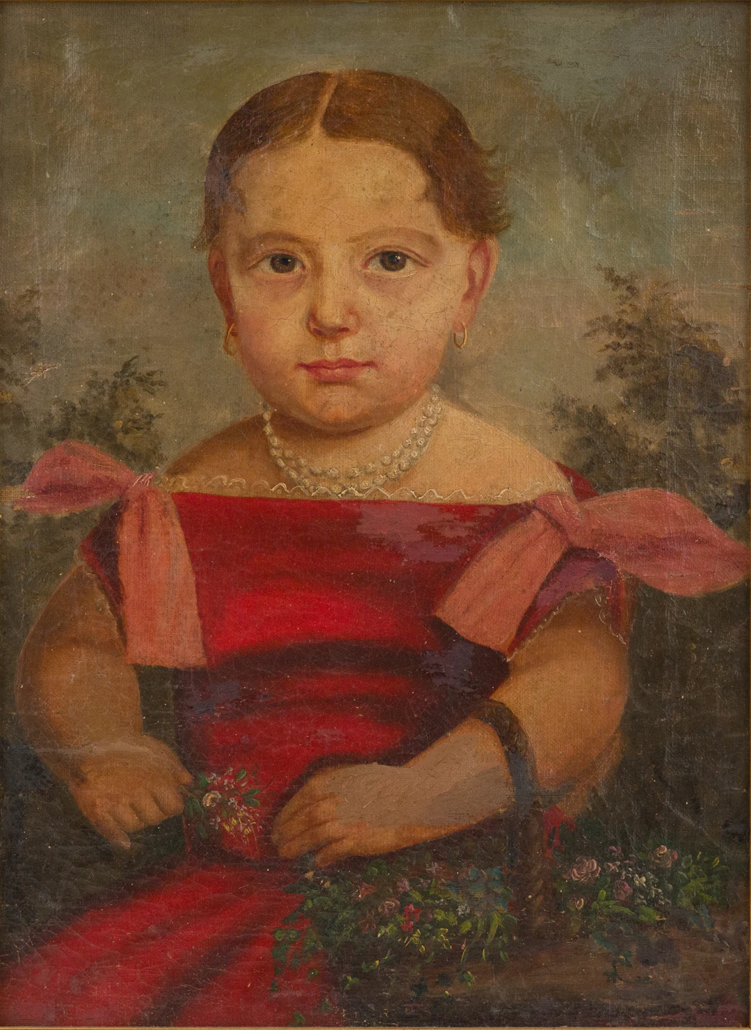 Folk Art Portrait of a Young Girl, Oil on Canvas