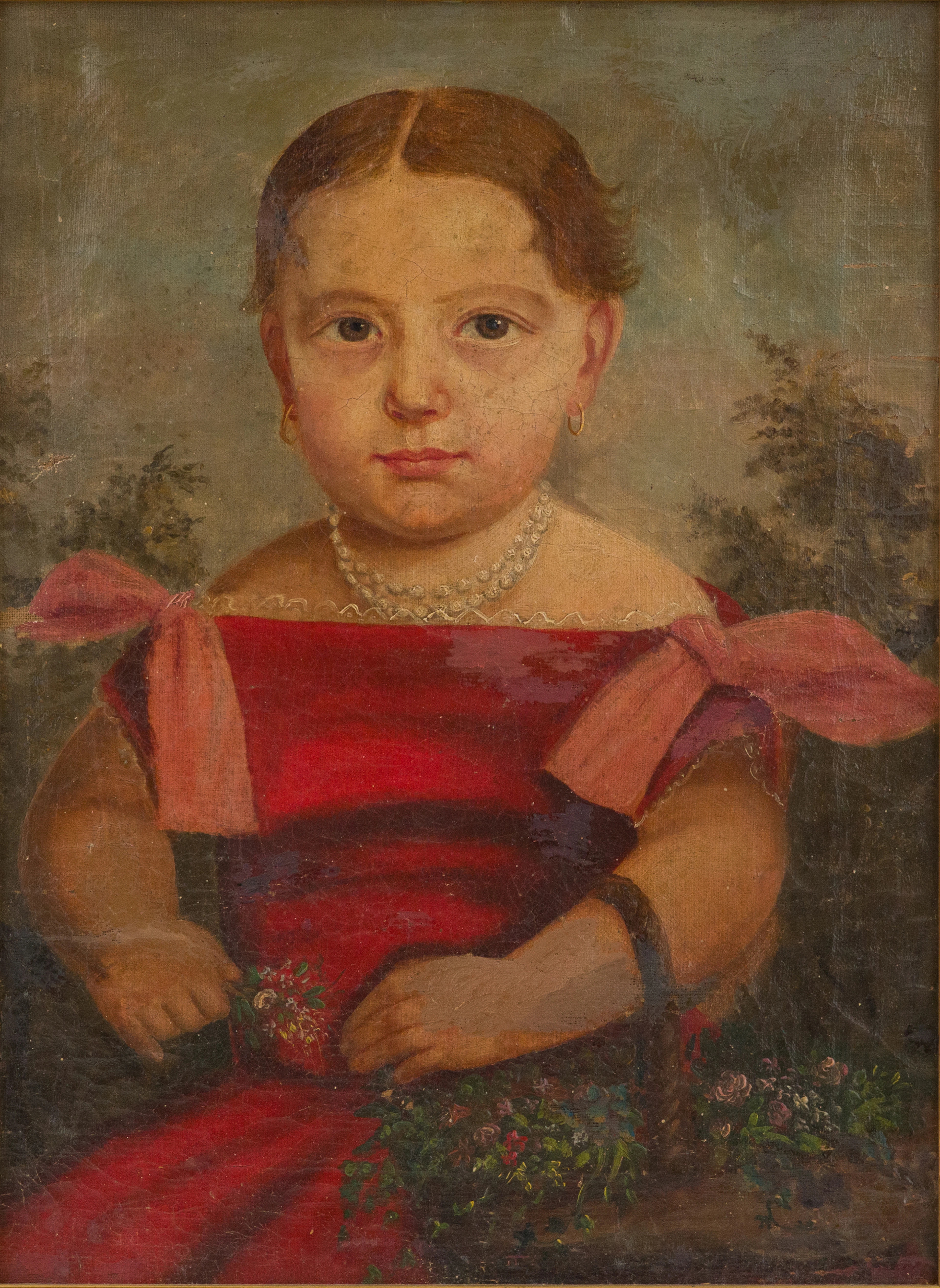 Folk Art Portrait of a Young Girl, Oil on Canvas