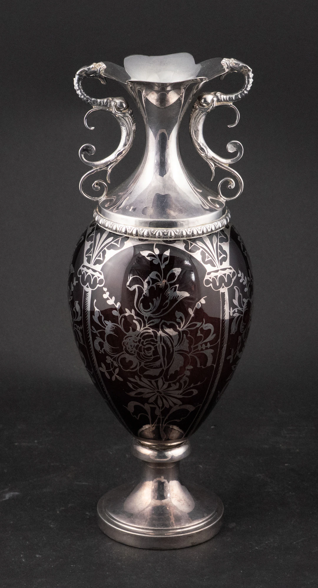Silver Overlay and Cranberry Glass Footed Vase