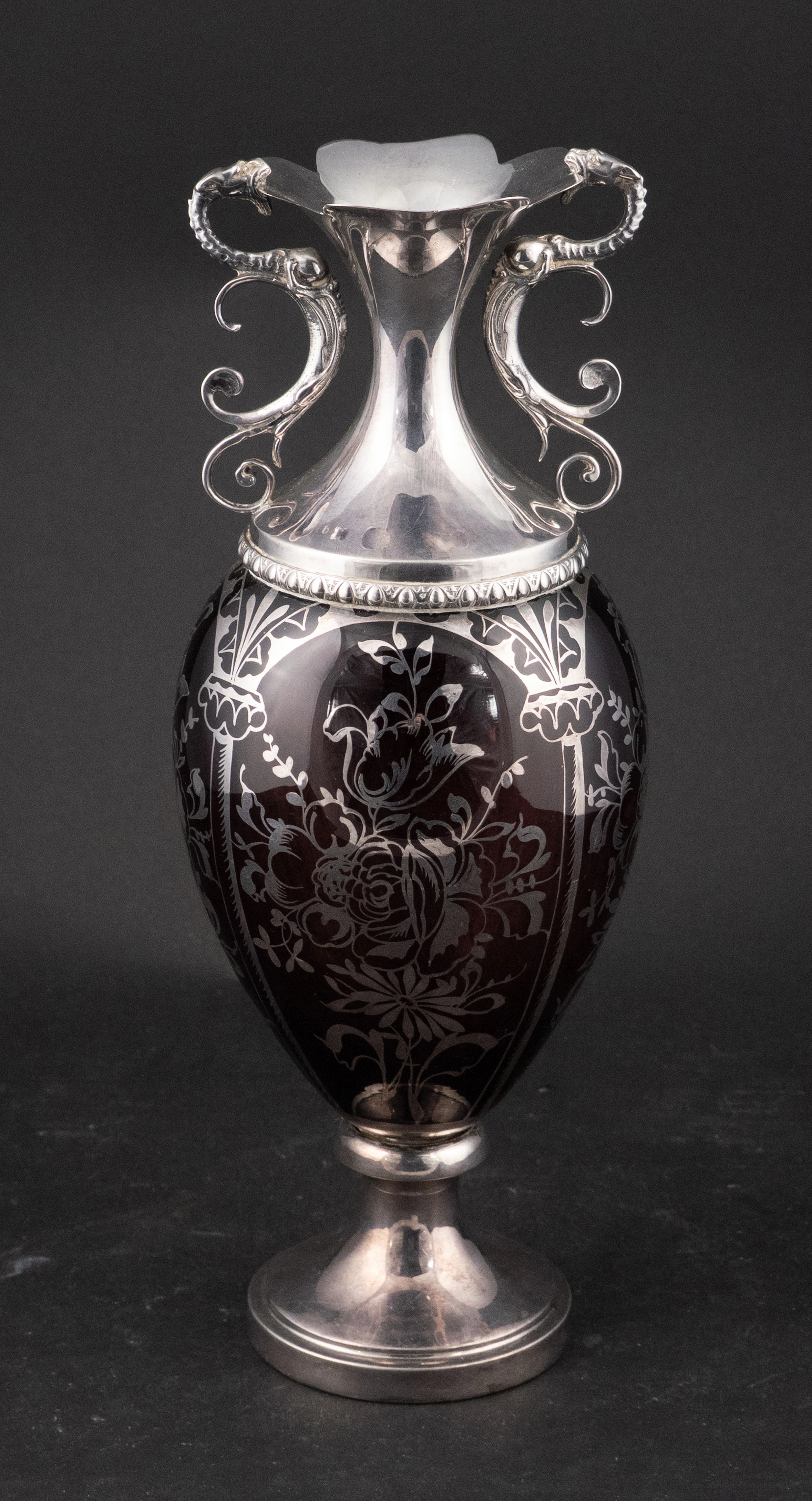 Silver Overlay and Cranberry Glass Footed Vase