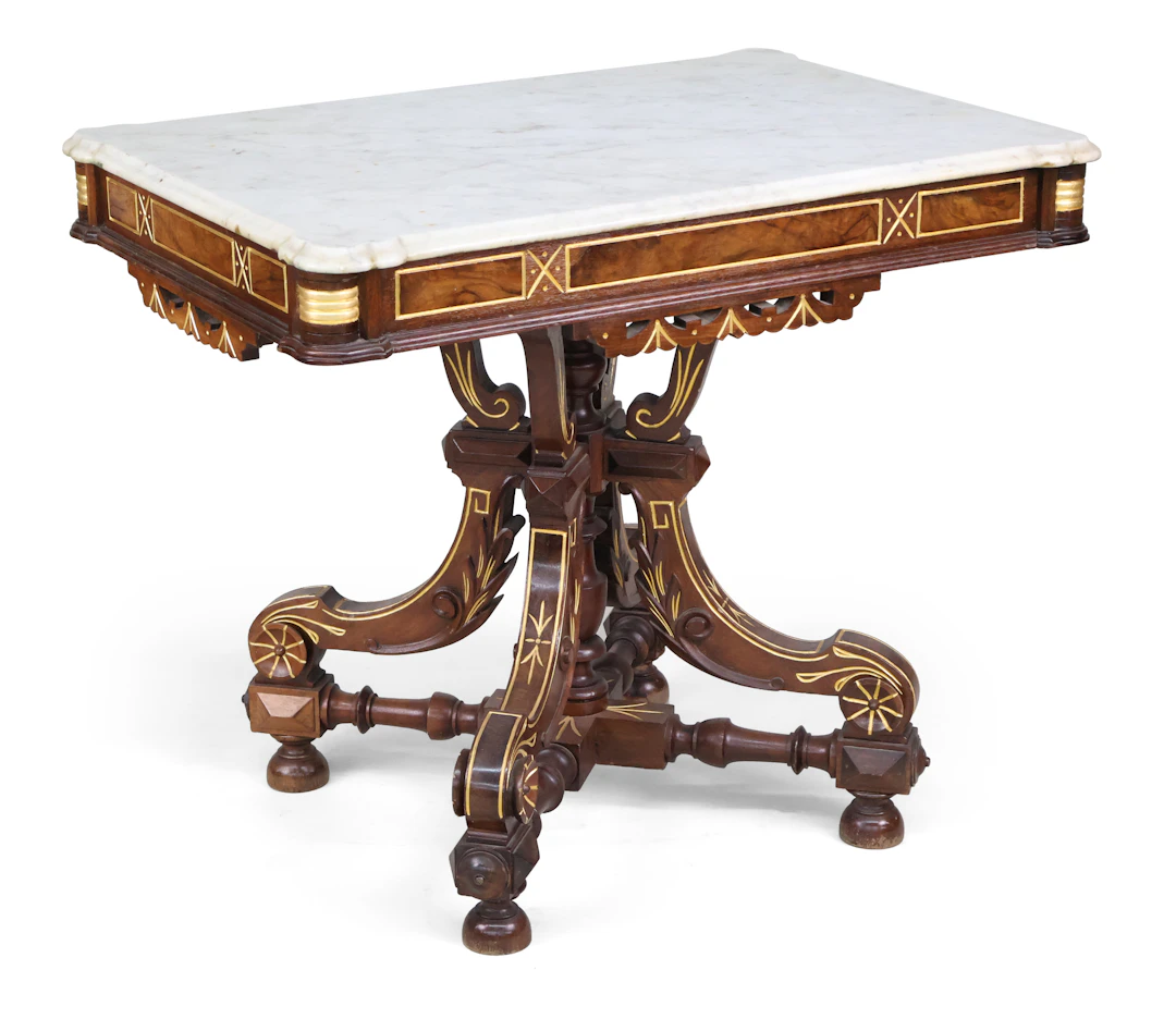 Victorian Gilt Incised Walnut Marble Top Center Table