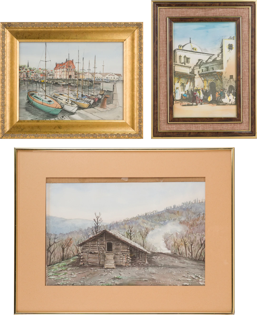 Simon Ayvazian, European Harbor Scene, Ink and Watercolor on Paper