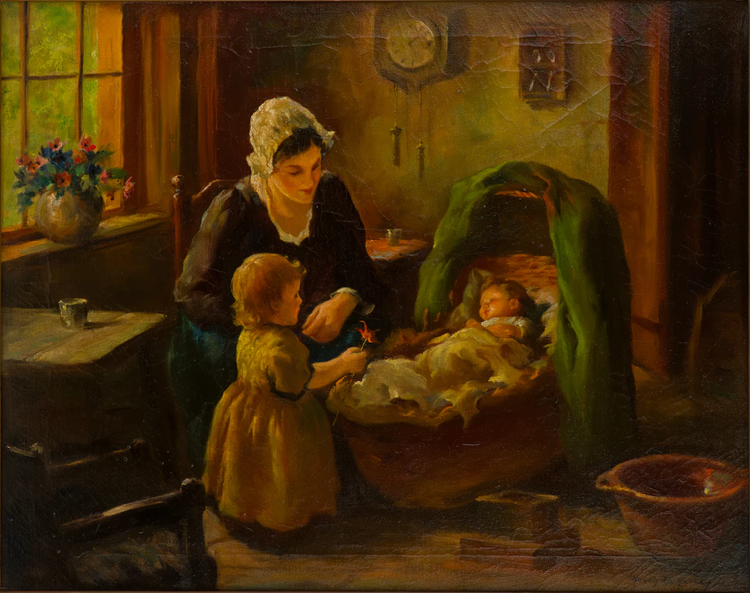 Henry T. (1908) Harvey, 1908-, Mother and Children, Oil on Canvas