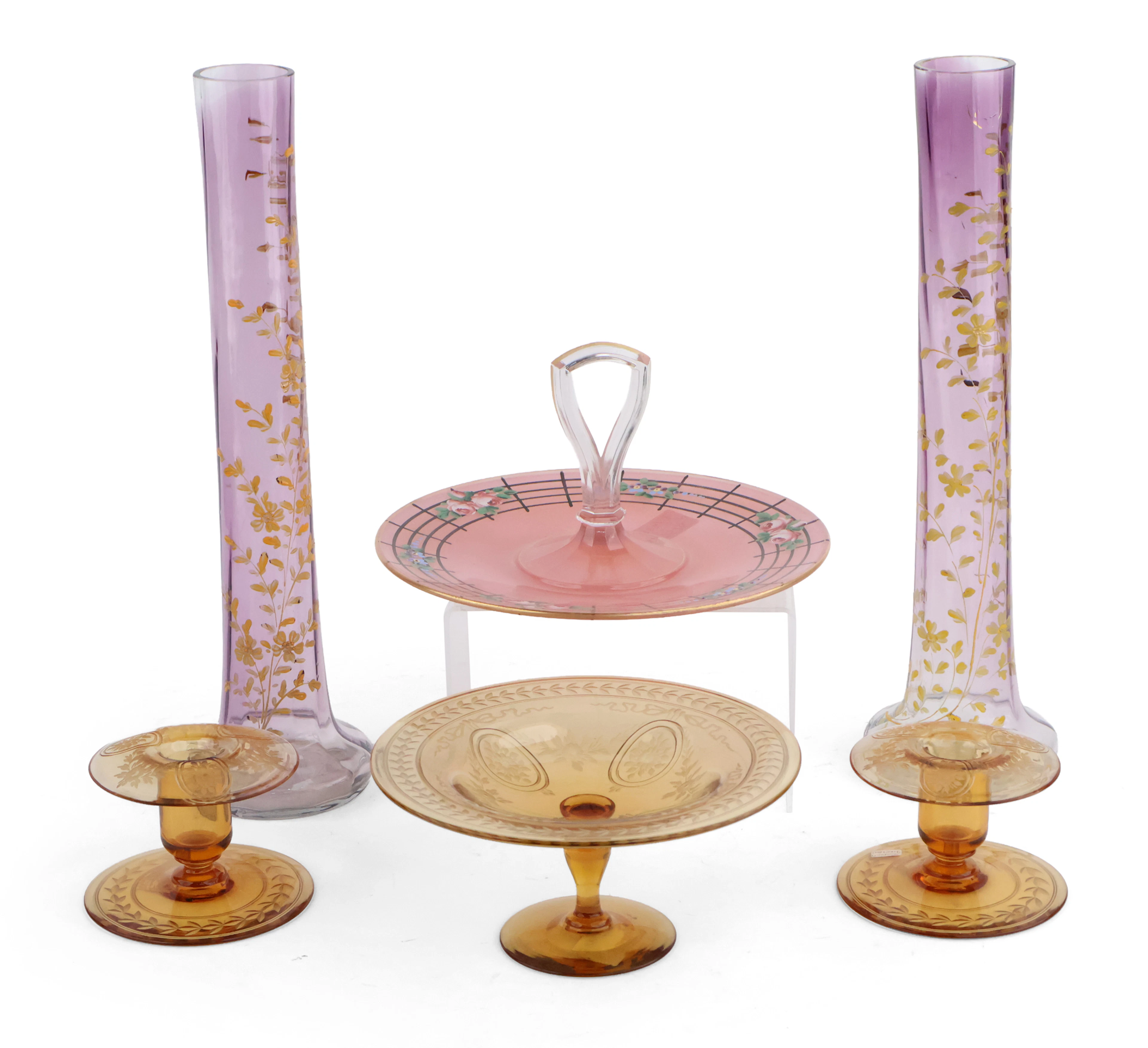 Pair of Hand-Painted Amethyst Glass Tall Vases