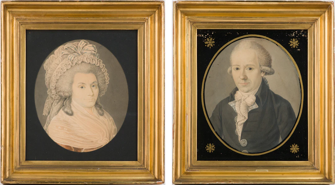 Pair of Portraits of Husband and Wife, Watercolor on Paper