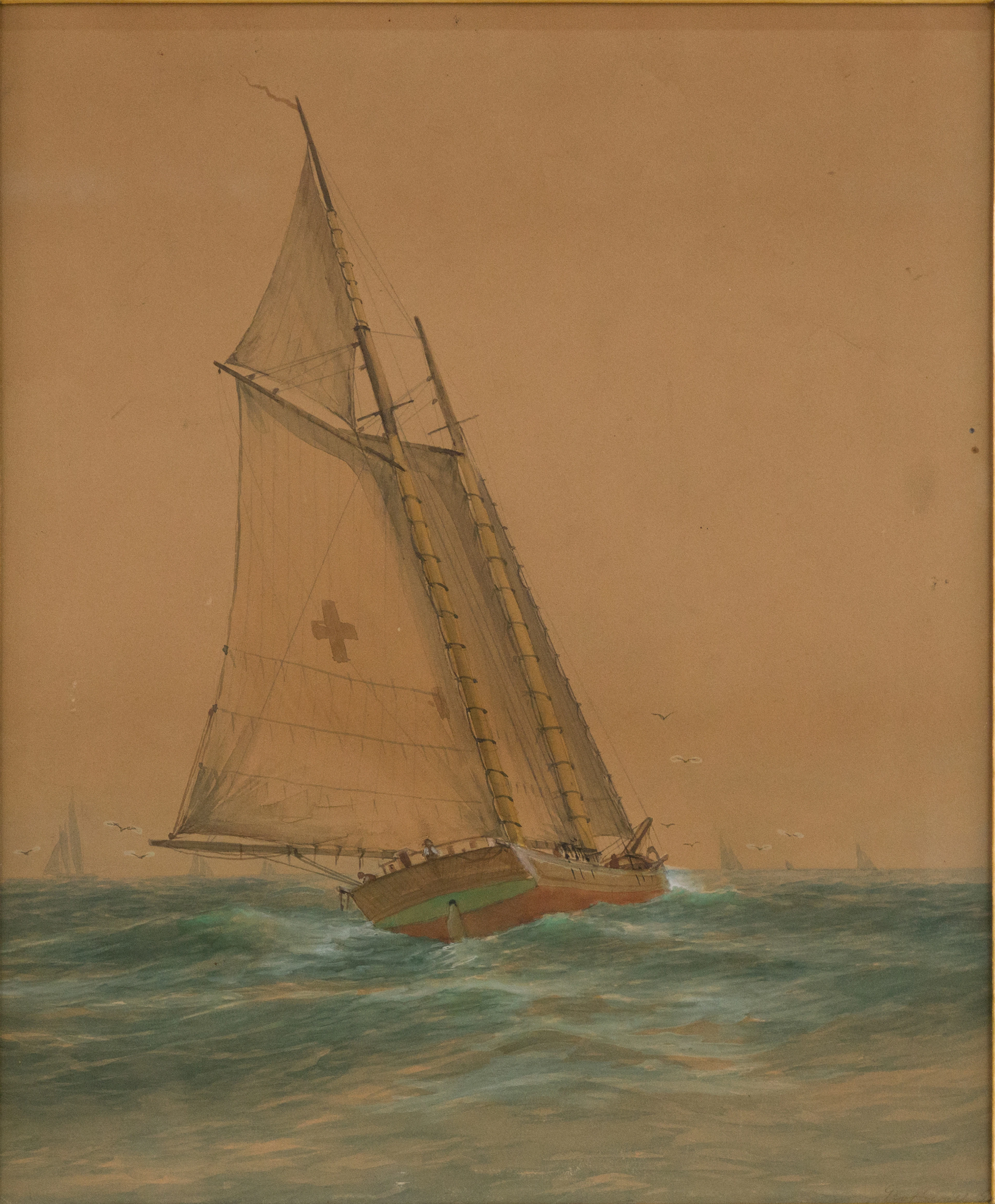 George Howell, Ship at Full Sail, Mixed Media on Paper