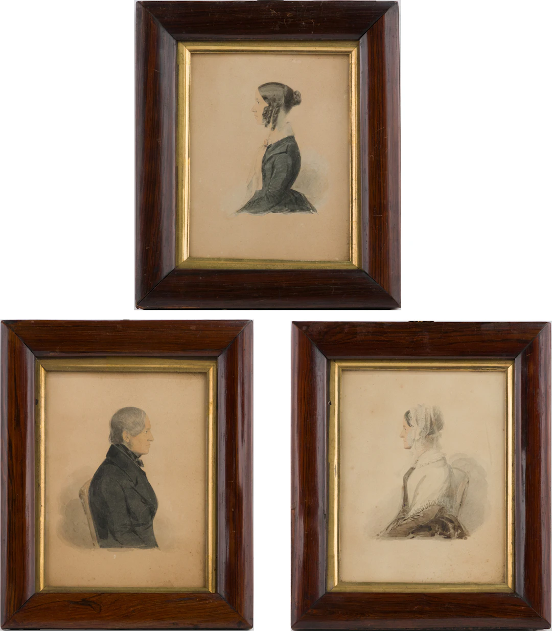Three Profile Portraits of a Family, Watercolor on Paper