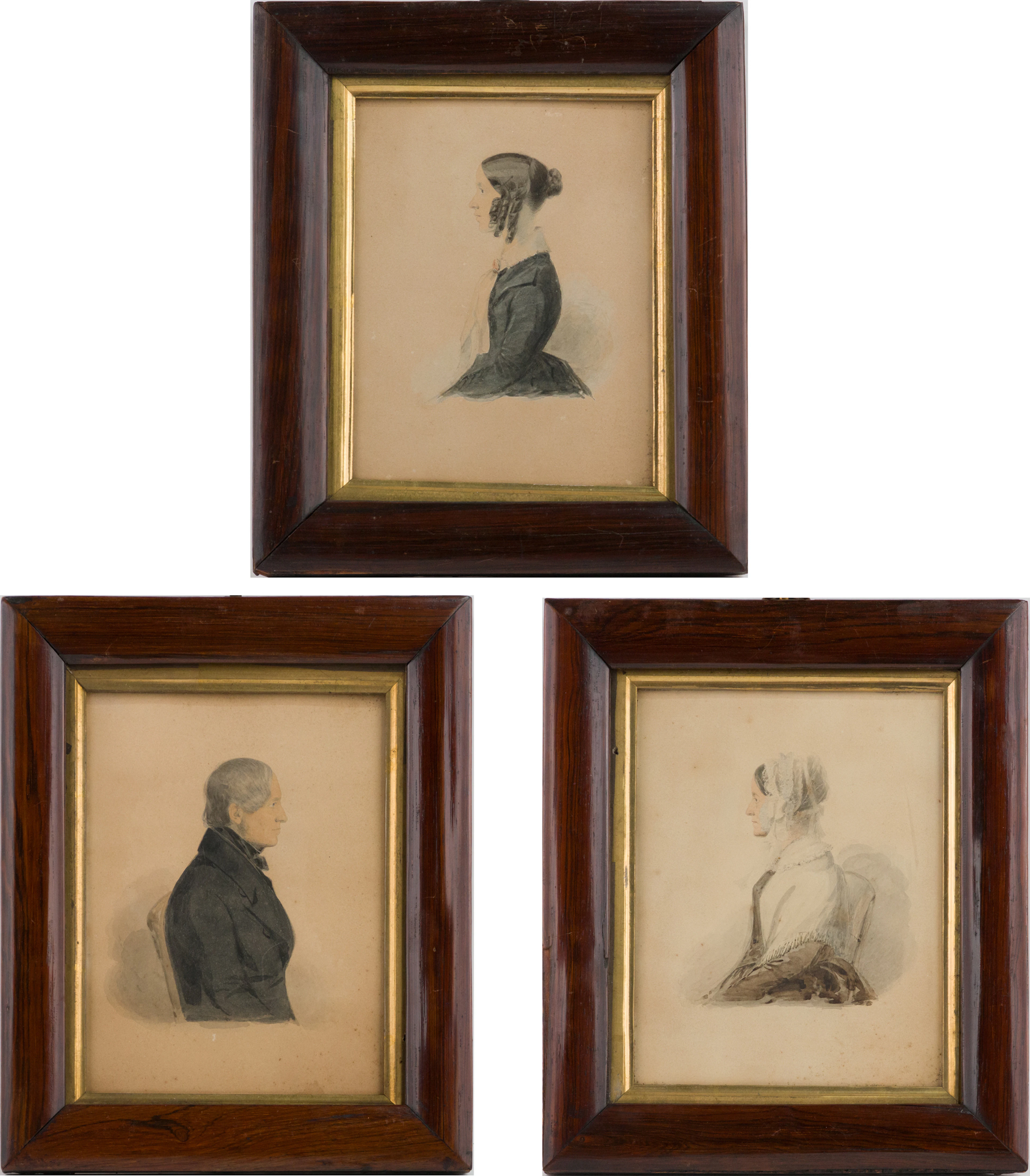 Three Profile Portraits of a Family, Watercolor on Paper