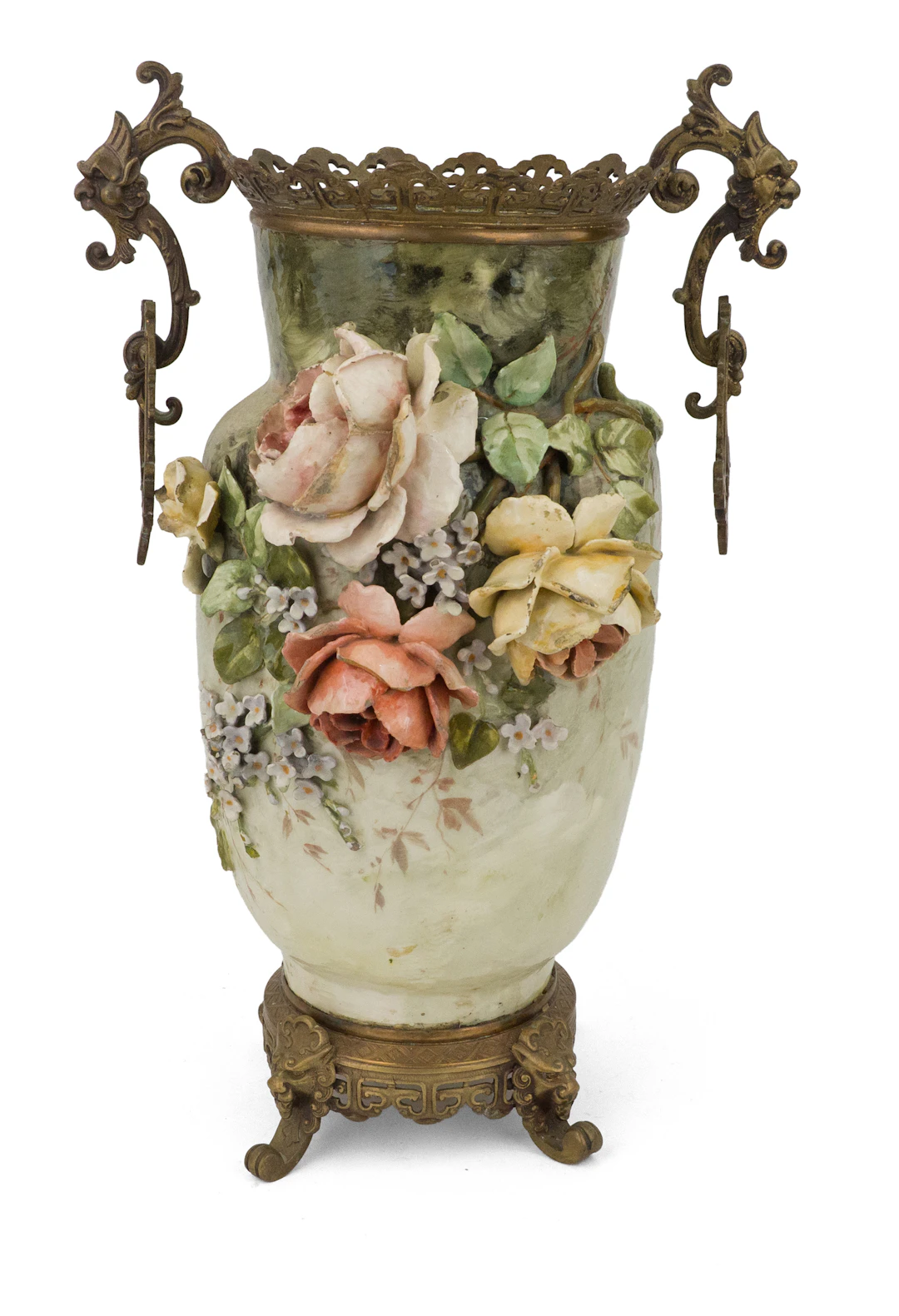French Metal Mounted Barbotine Majolica Vase