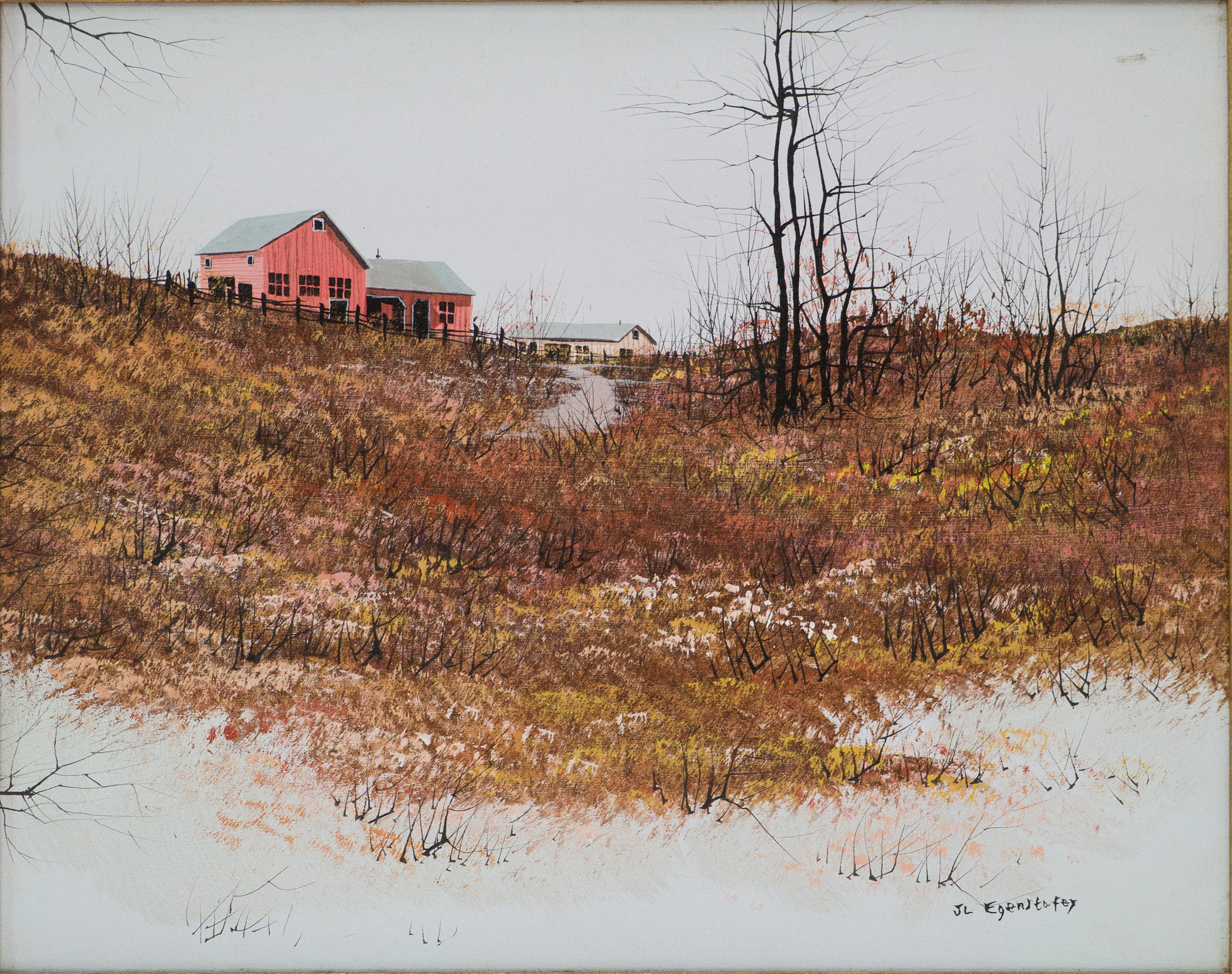 John Lewis Egenstafer, 1943-, Barn in Winter Landscape, Oil on Canvas