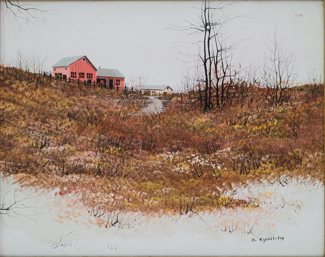 John Lewis Egenstafer, 1943-, Barn in Winter Landscape, Oil on Canvas