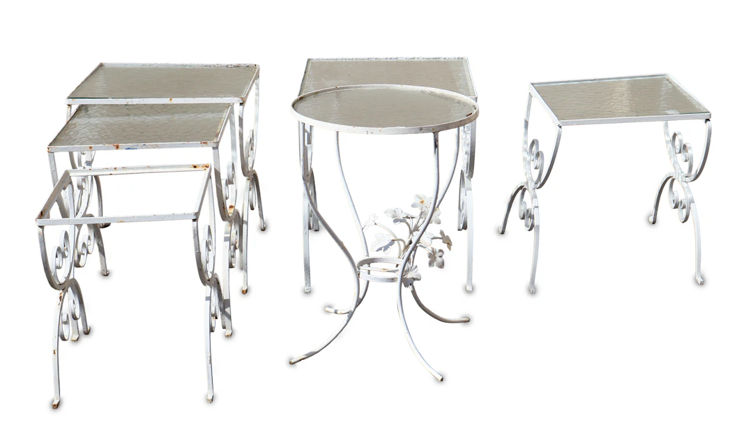 Seven Assorted White Painted Cast-Aluminum Outdoor Tables