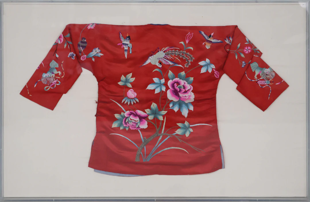 Framed Chinese Embroidered Red Silk Jacket