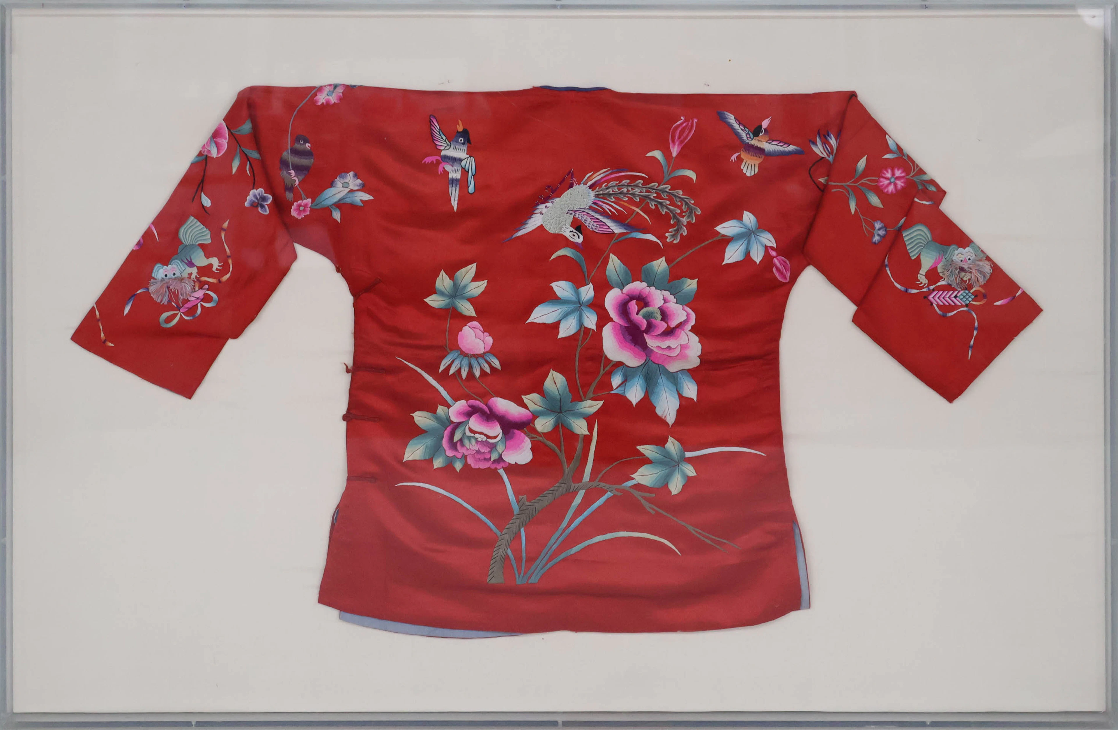 Framed Chinese Embroidered Red Silk Jacket