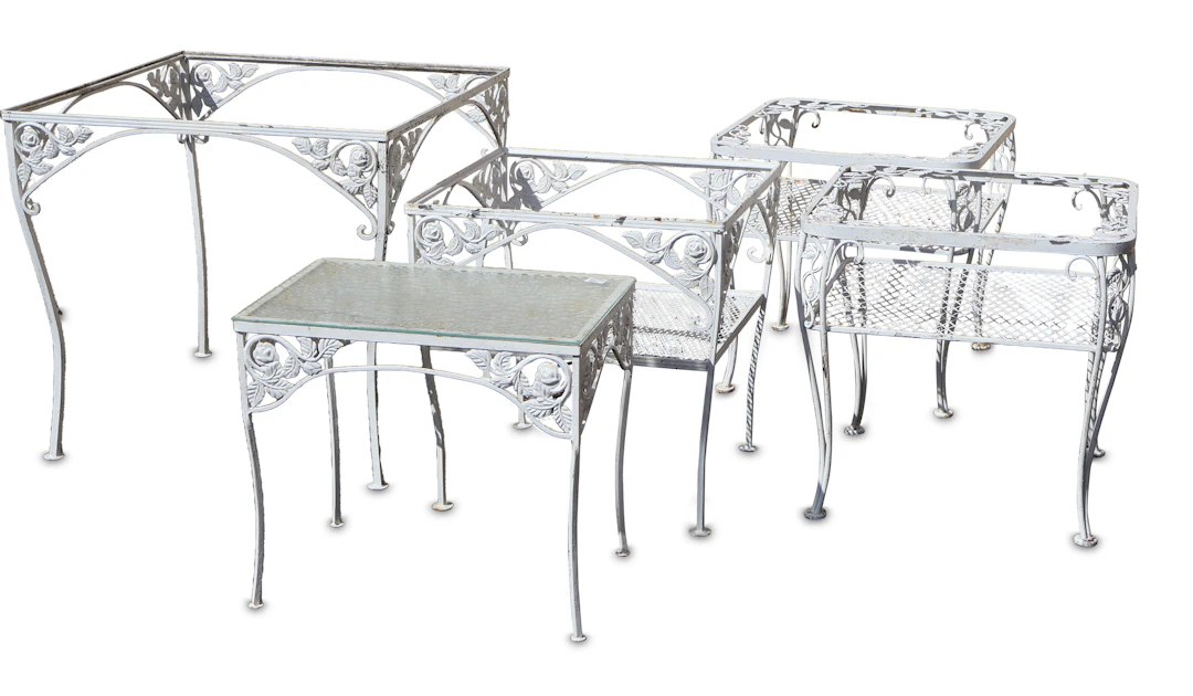 Five Assorted White Painted Cast-Aluminum Outdoor Tables