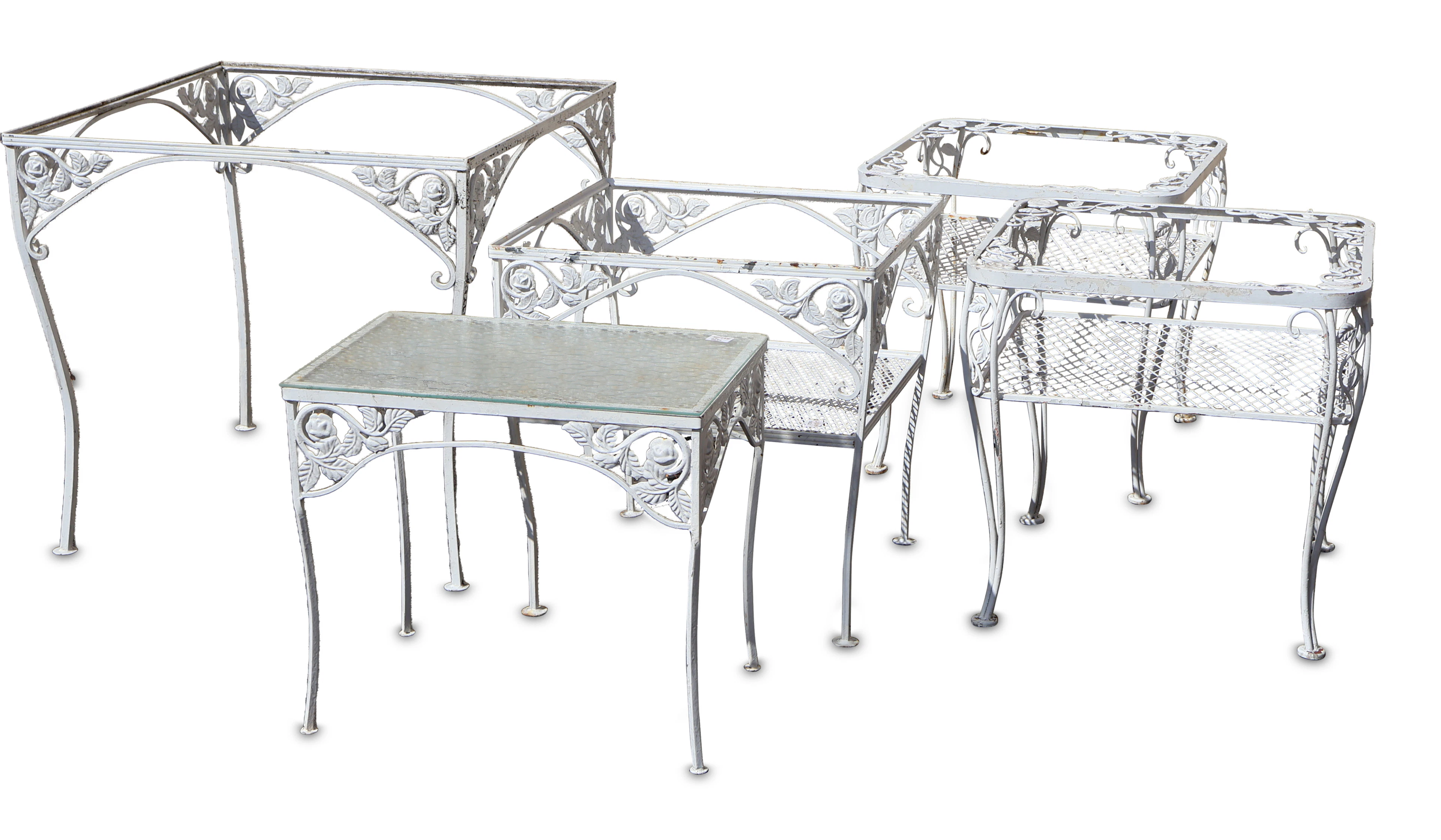 Five Assorted White Painted Cast-Aluminum Outdoor Tables