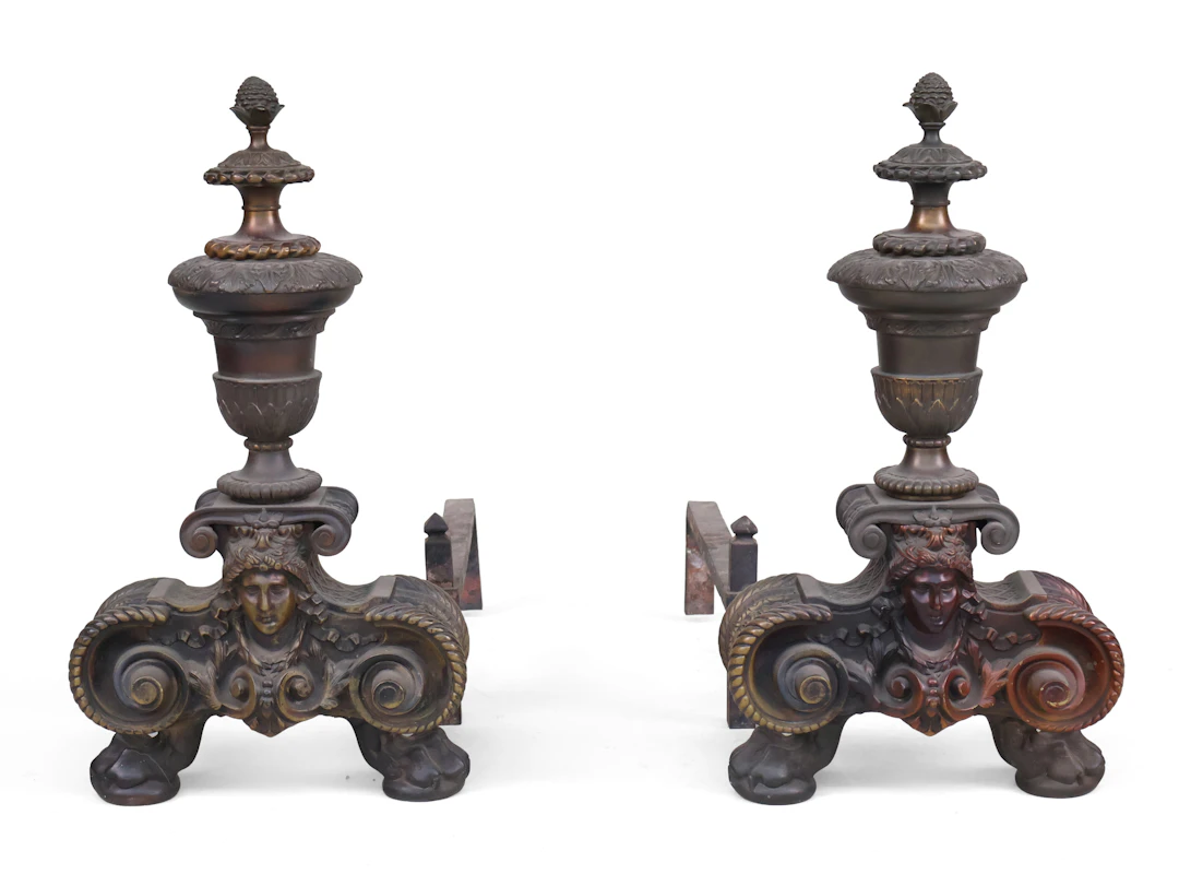 Pair of Renaissance Style Bronze and Iron Andirons