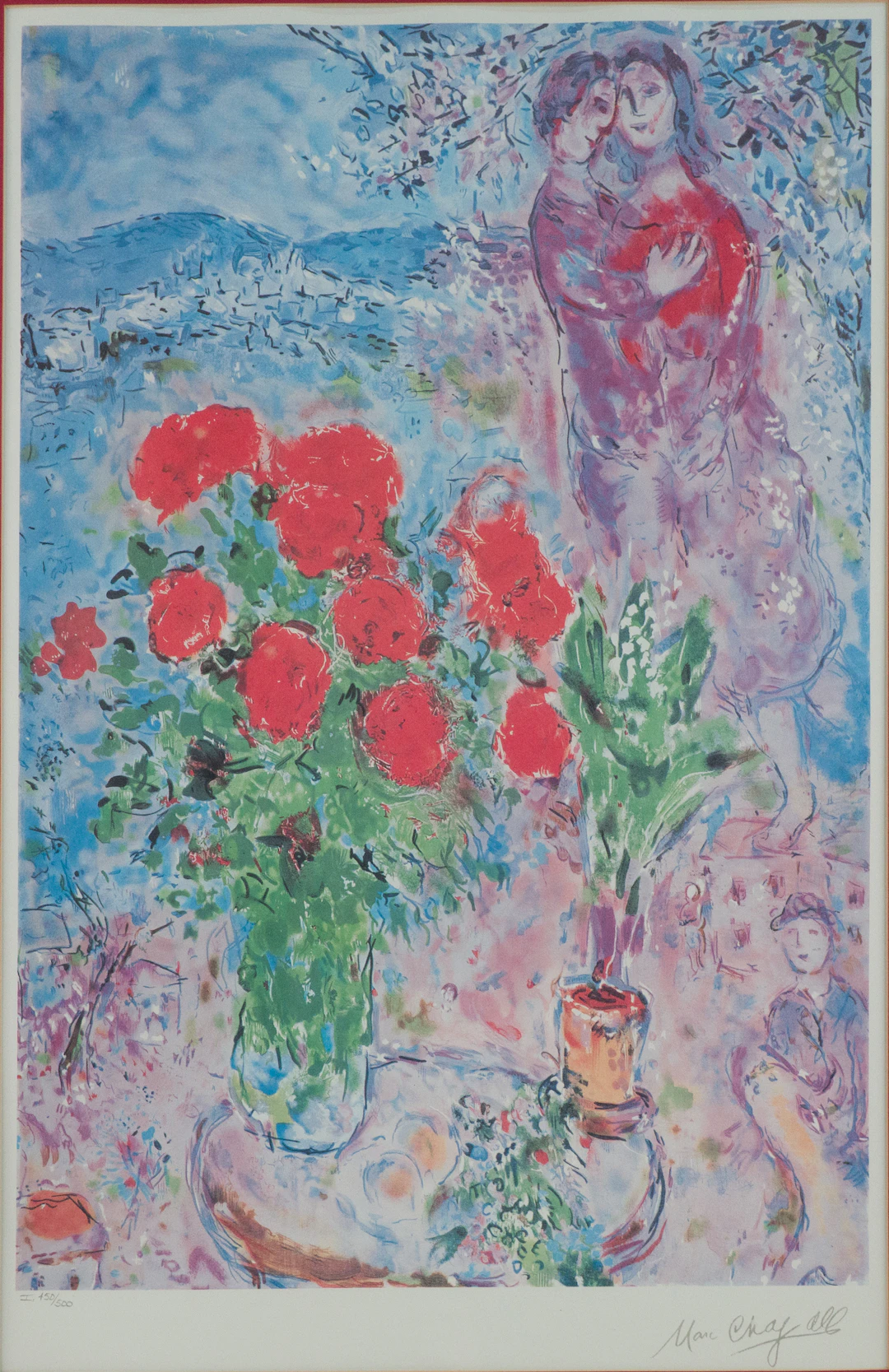 Marc Chagall, French/Russian 1887-1985, Red Bouquet with Lovers, Print