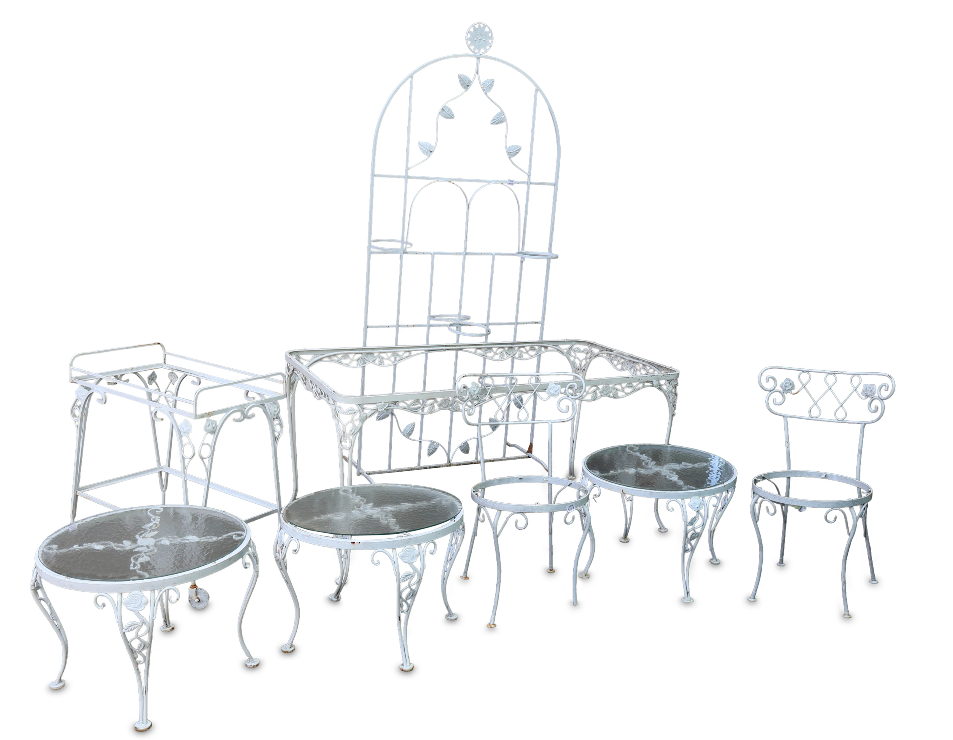 Group of Assorted Round White Painted Cast-Aluminum Outdoor Furniture