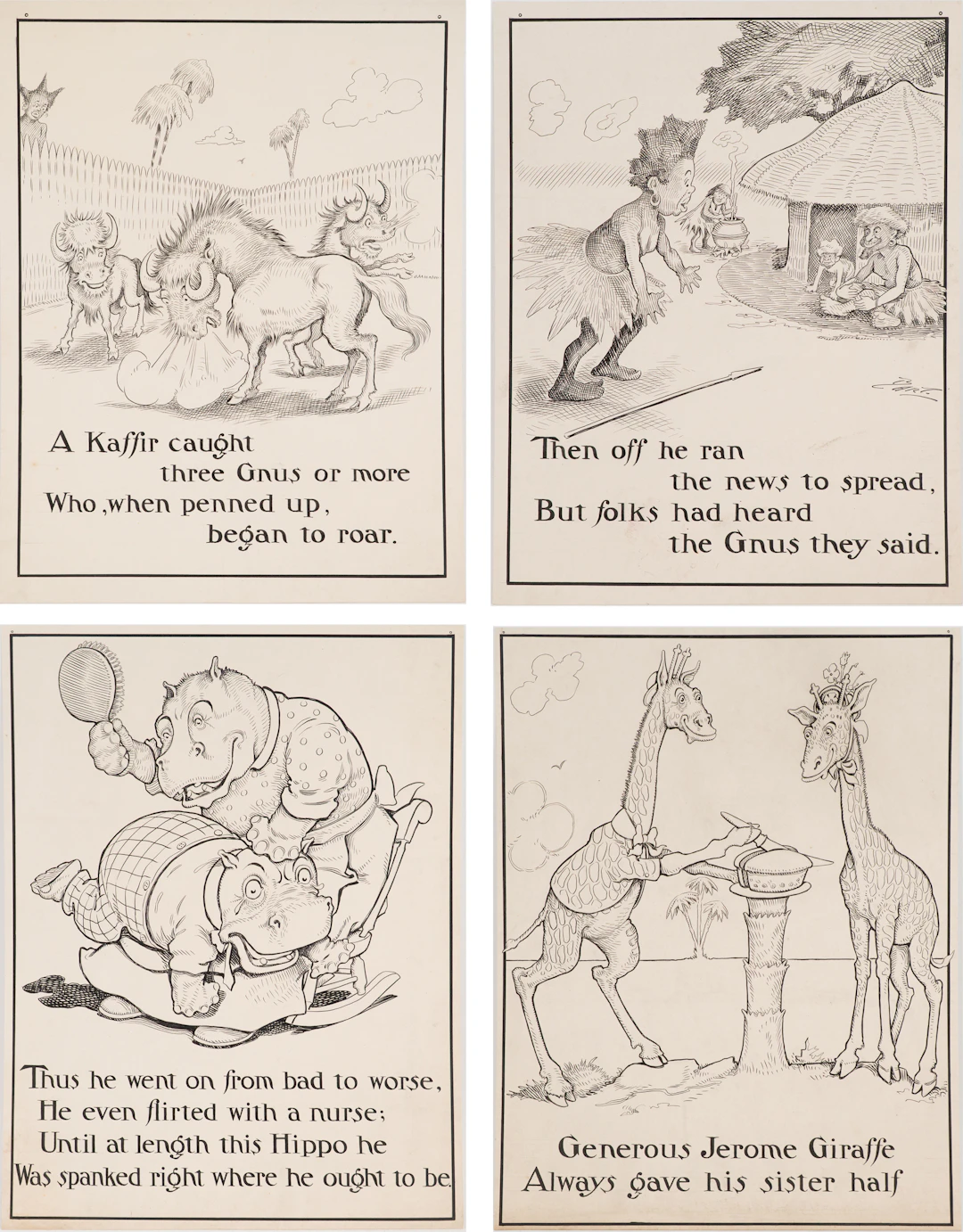 Charles L Bartholomew, American 1860-1949, Four Illustrations, Ink on Cardstock