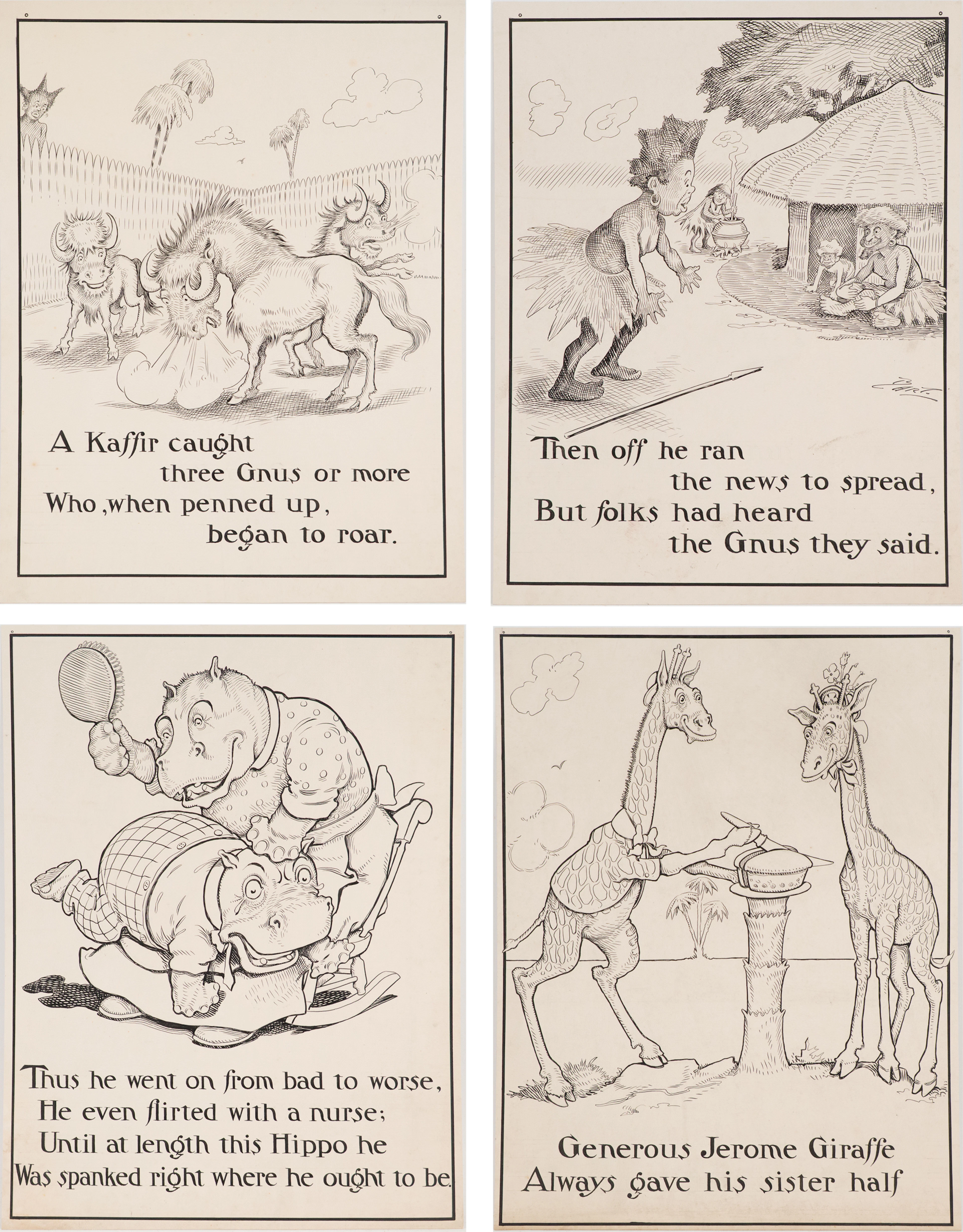 Charles L Bartholomew, American 1860-1949, Four Illustrations, Ink on Cardstock