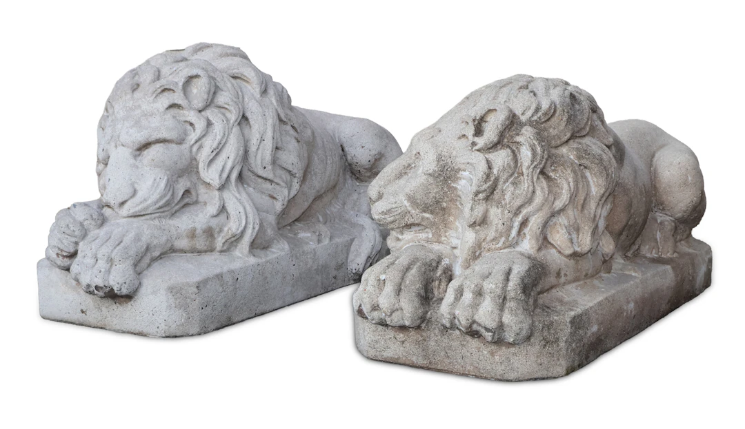 Pair of Cast Stone Recumbent Lions