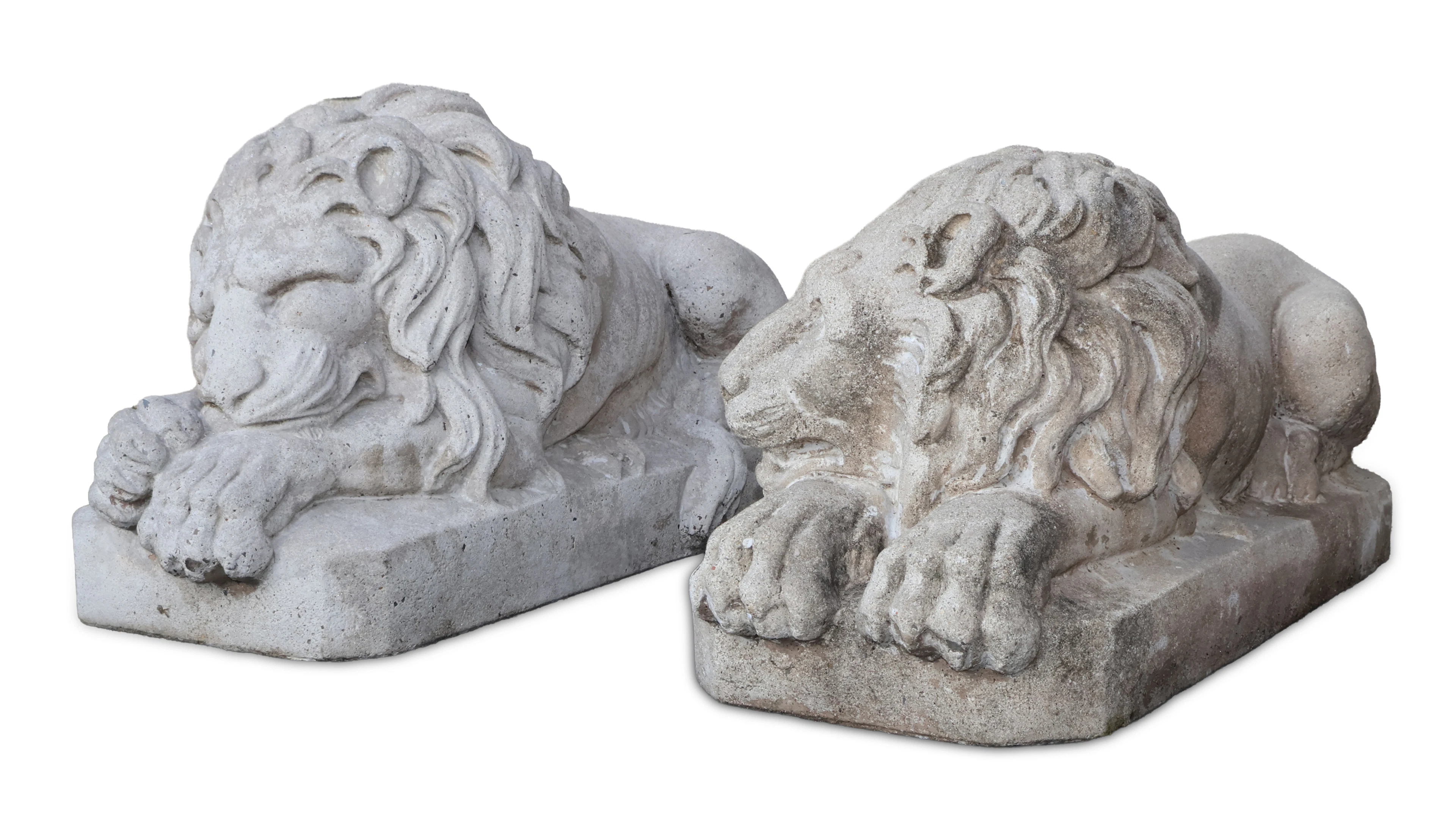 Pair of Cast Stone Recumbent Lions