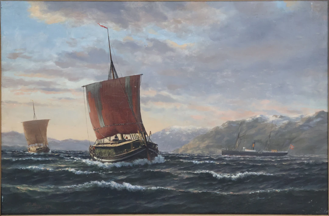 Maritime Scene with Sailboats and Steamship, Oil on Canvas