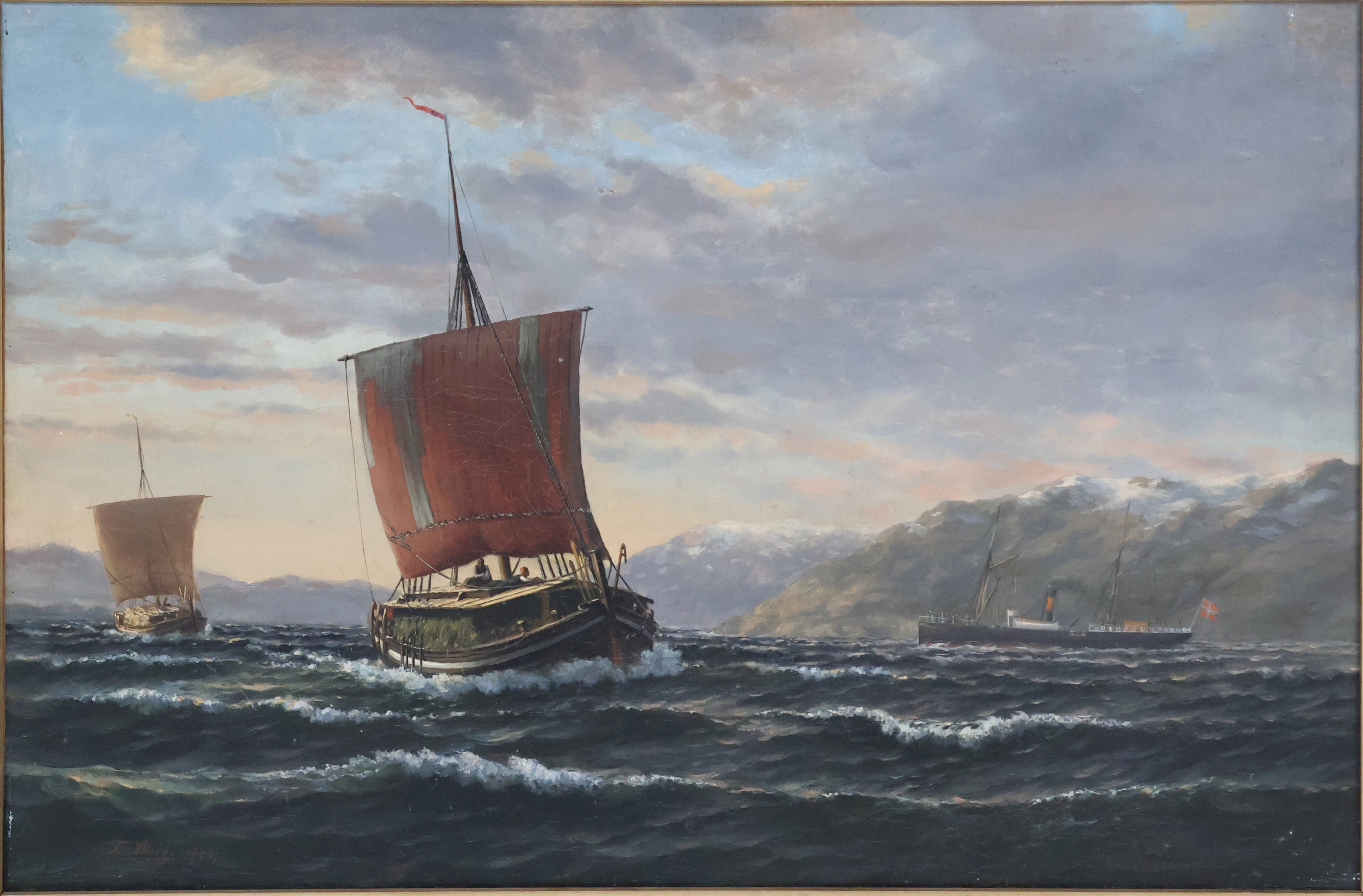 Maritime Scene with Sailboats and Steamship, Oil on Canvas