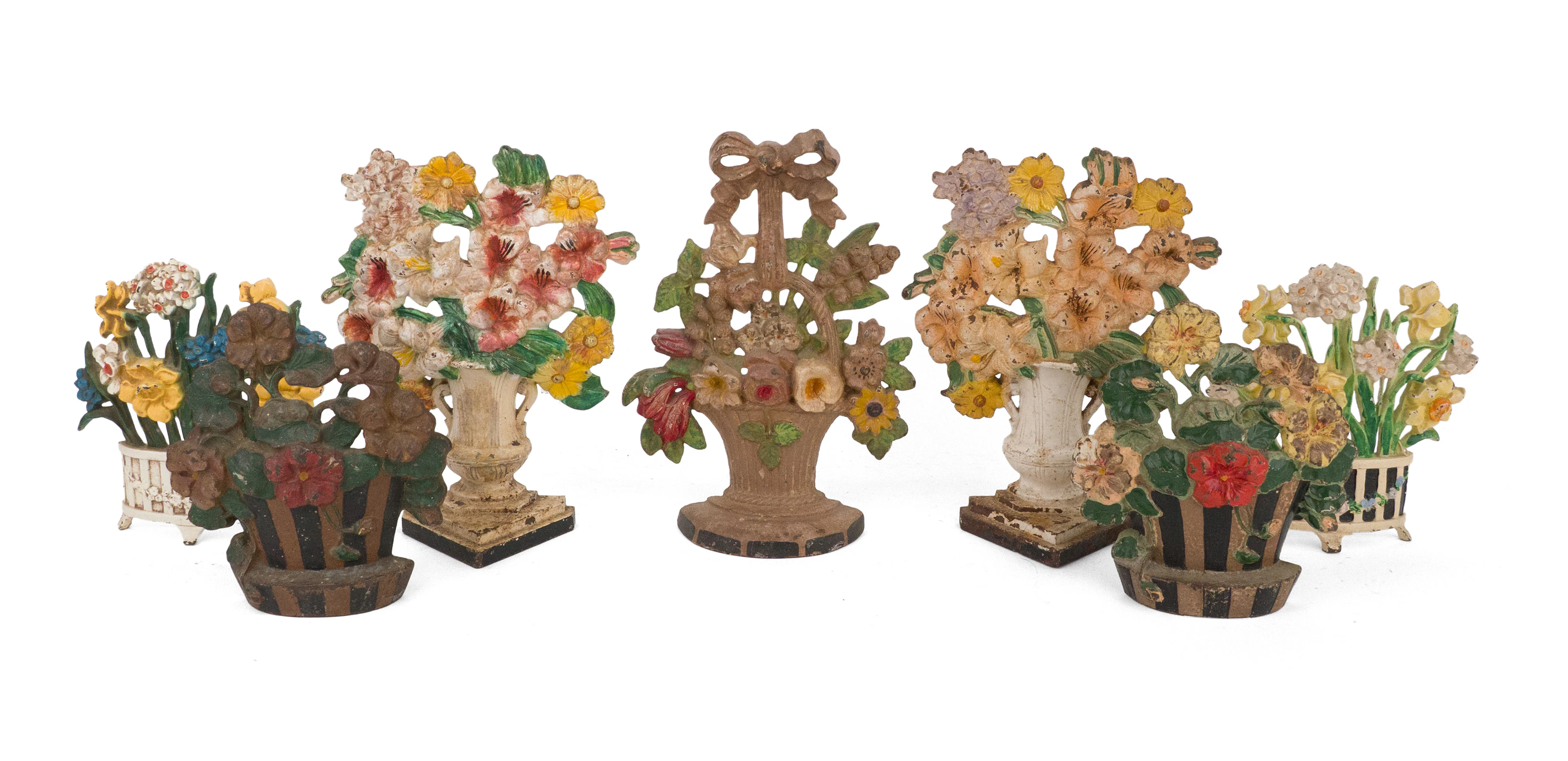 Seven Painted Cast-Iron Flower Basket Doorstops