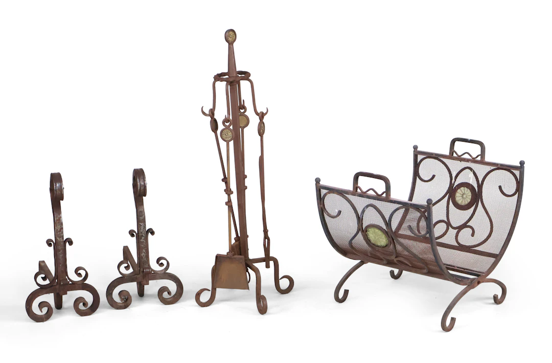Group of Wrought and Cast Iron Fireplace Equipment