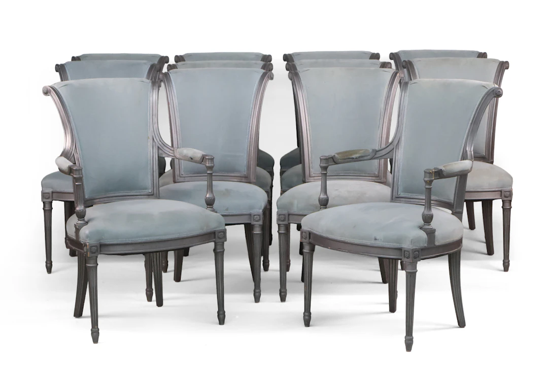 Twelve Louis XVI Style Grey-Painted Dining Chairs