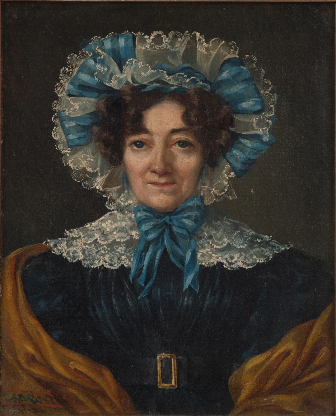 Portrait of Lady in Blue and White Lace Bonnet, Oil on Canvas