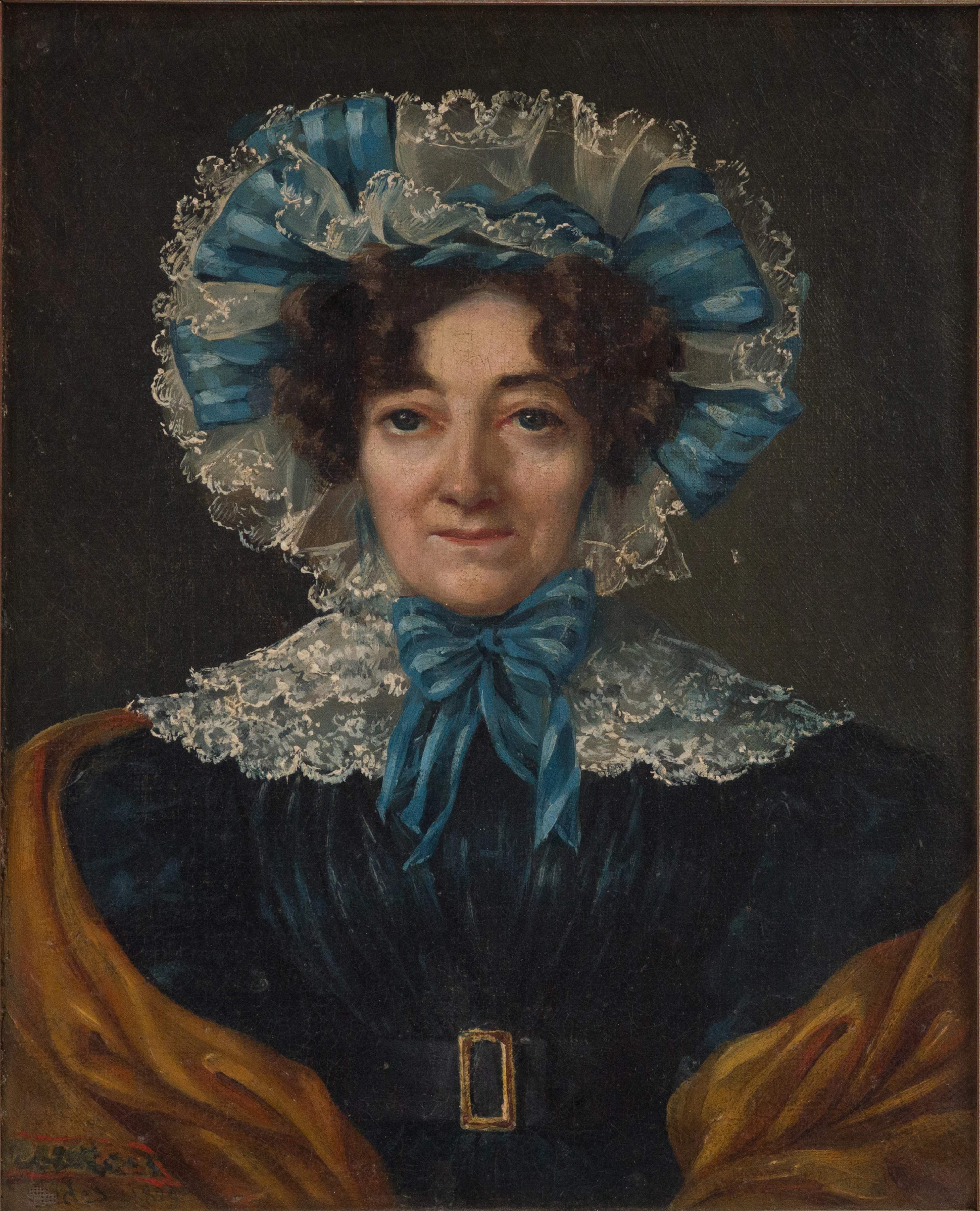 Portrait of Lady in Blue and White Lace Bonnet, Oil on Canvas