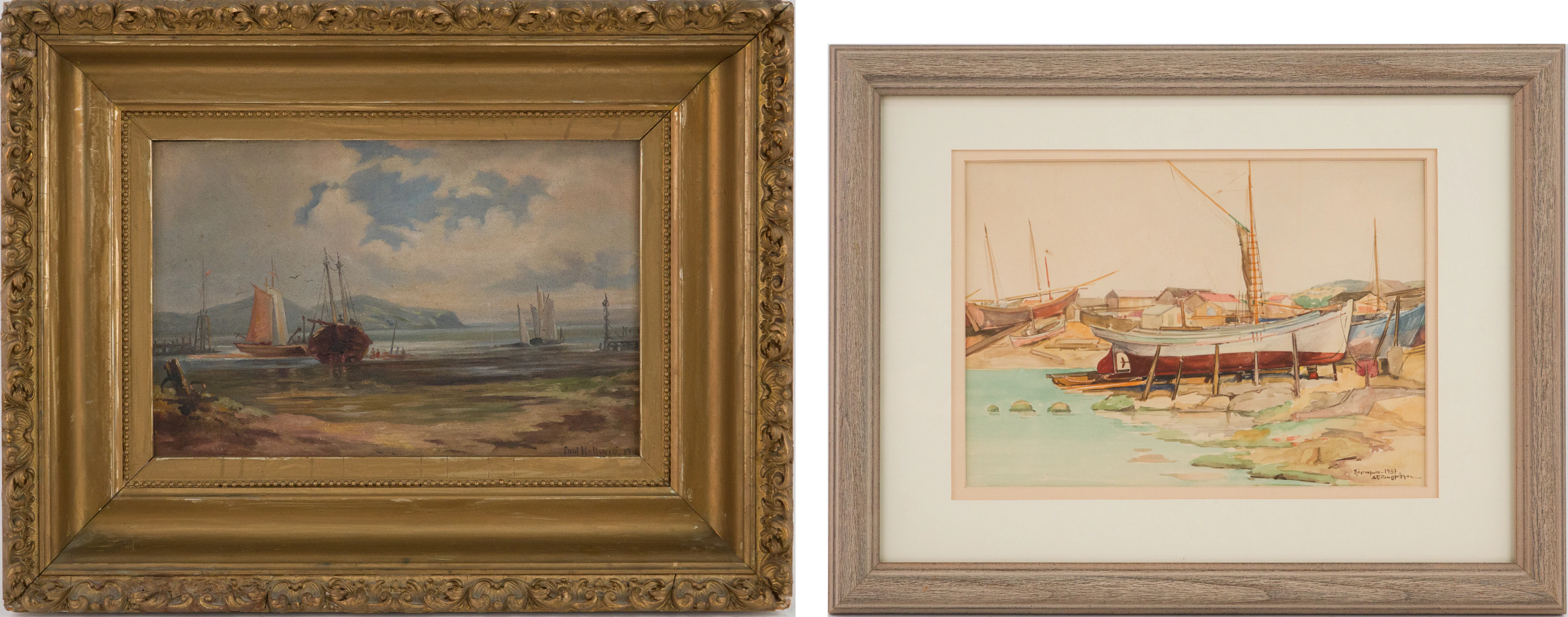 Paul Hallwig, 1866-1925, Ships Along Shore, Oil on Canvas