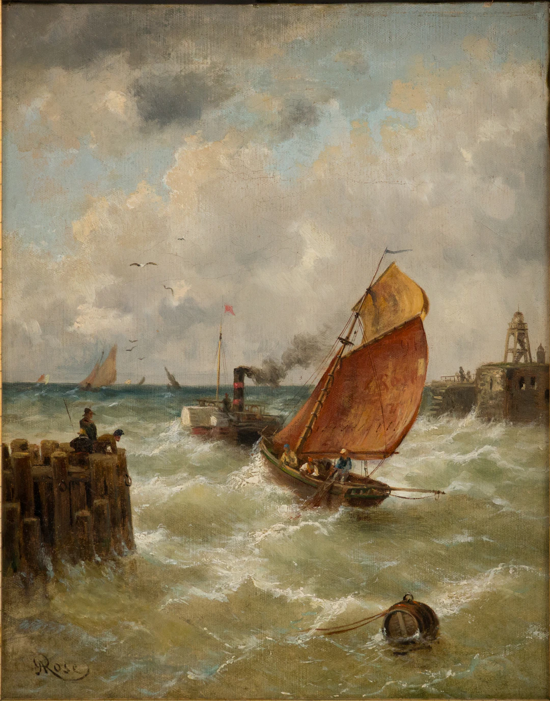 Julius Rose, 1828-1911, Ships on Rough Seas, Oil on Canvas