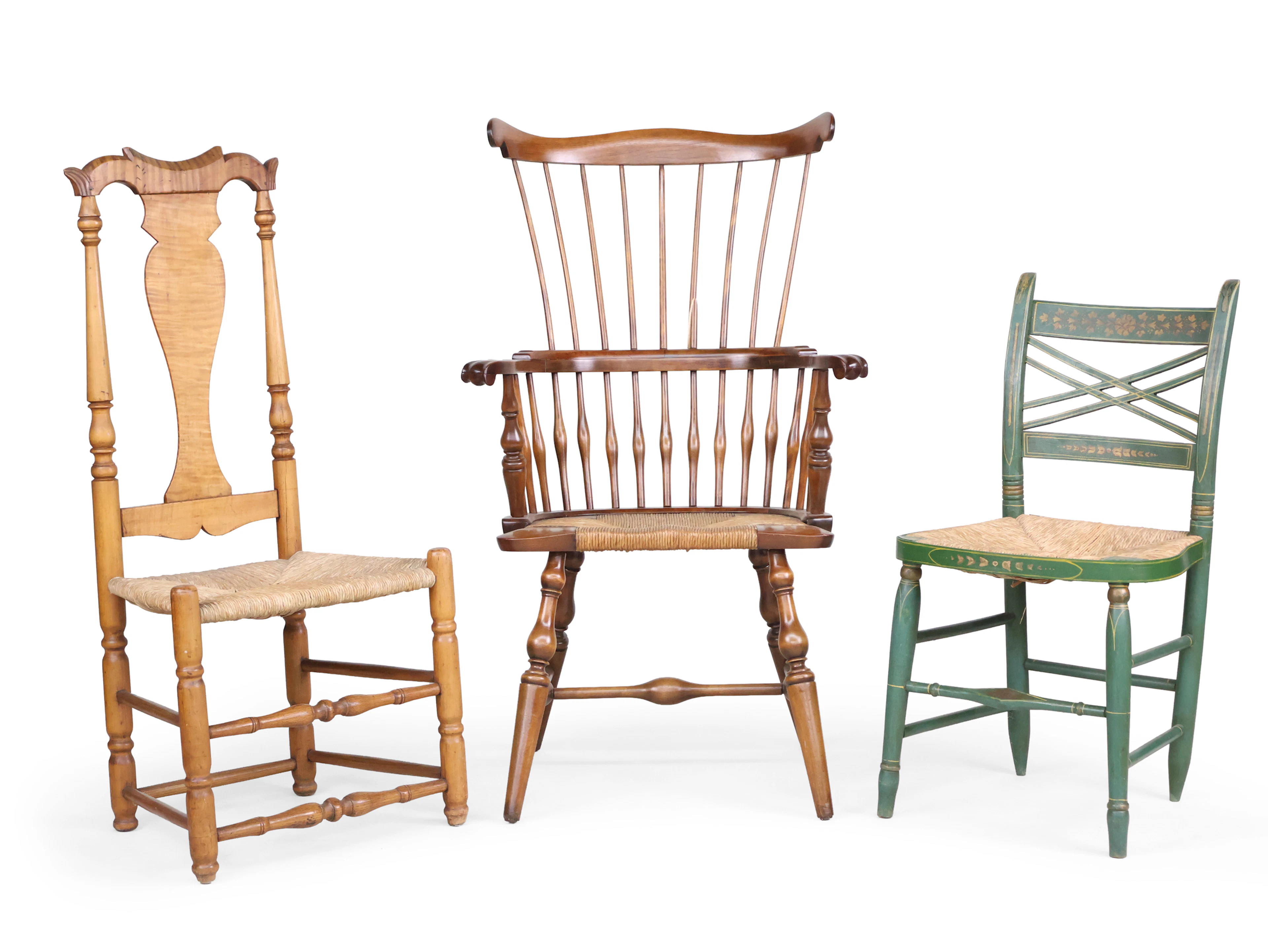 Tiger Maple and Oak Baluster Back Rush Seat Side Chair