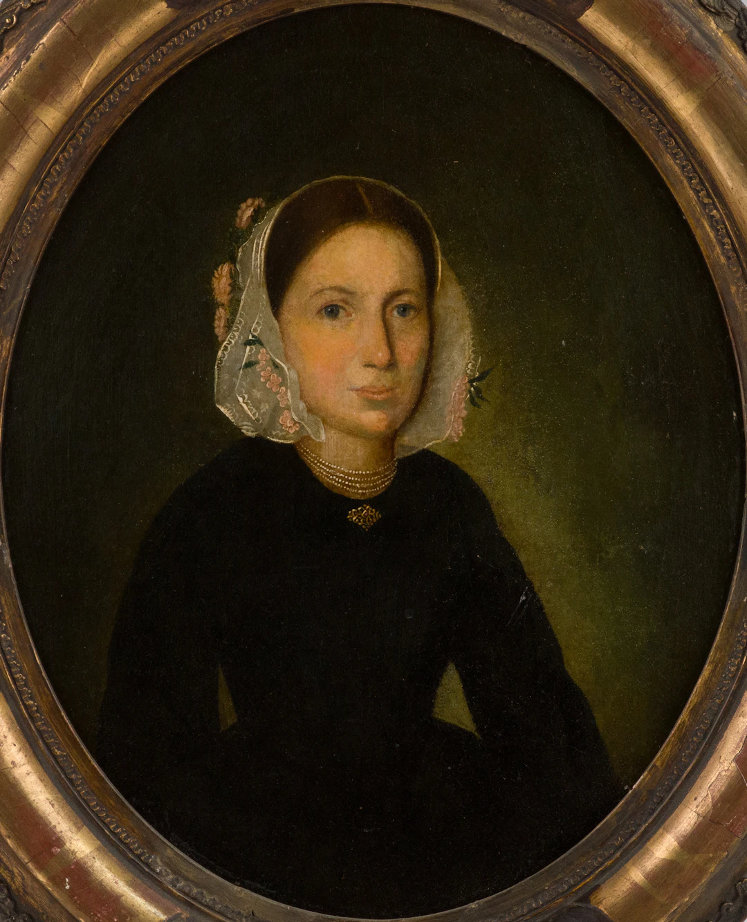 Oval Portrait of Lady in Lace Bonnet, Oil on Board