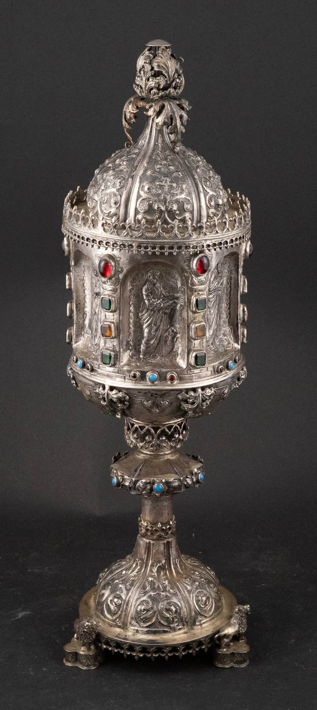 930 Silver and Hardstone Adorned Footed Reliquary