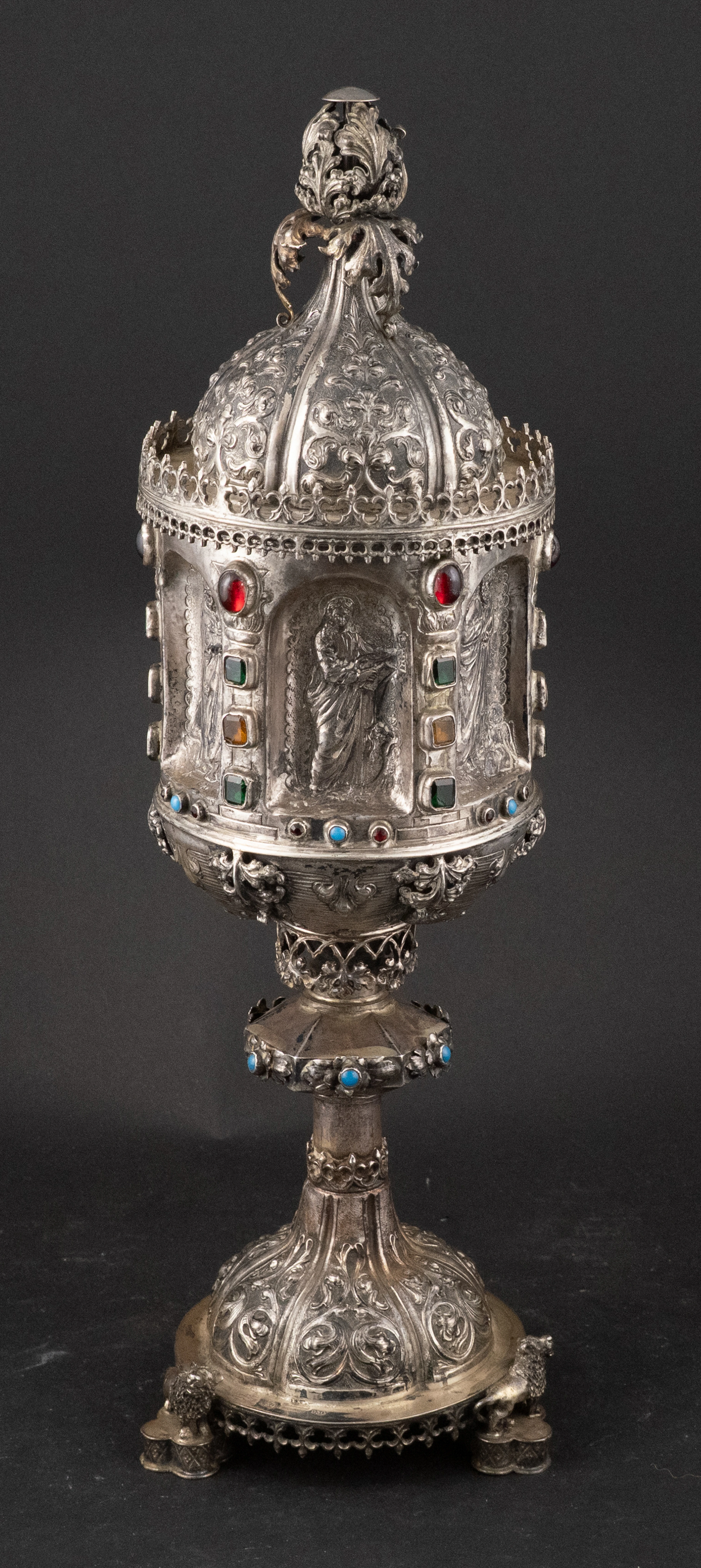 930 Silver and Hardstone Adorned Footed Reliquary