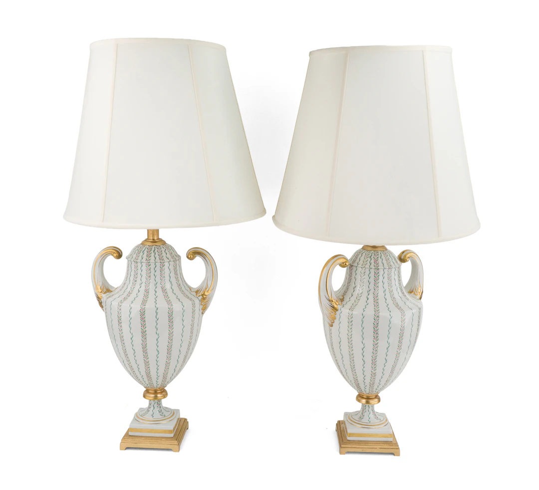 Pair of Floral-Decorated Porcelain Urn-Form Table Lamps