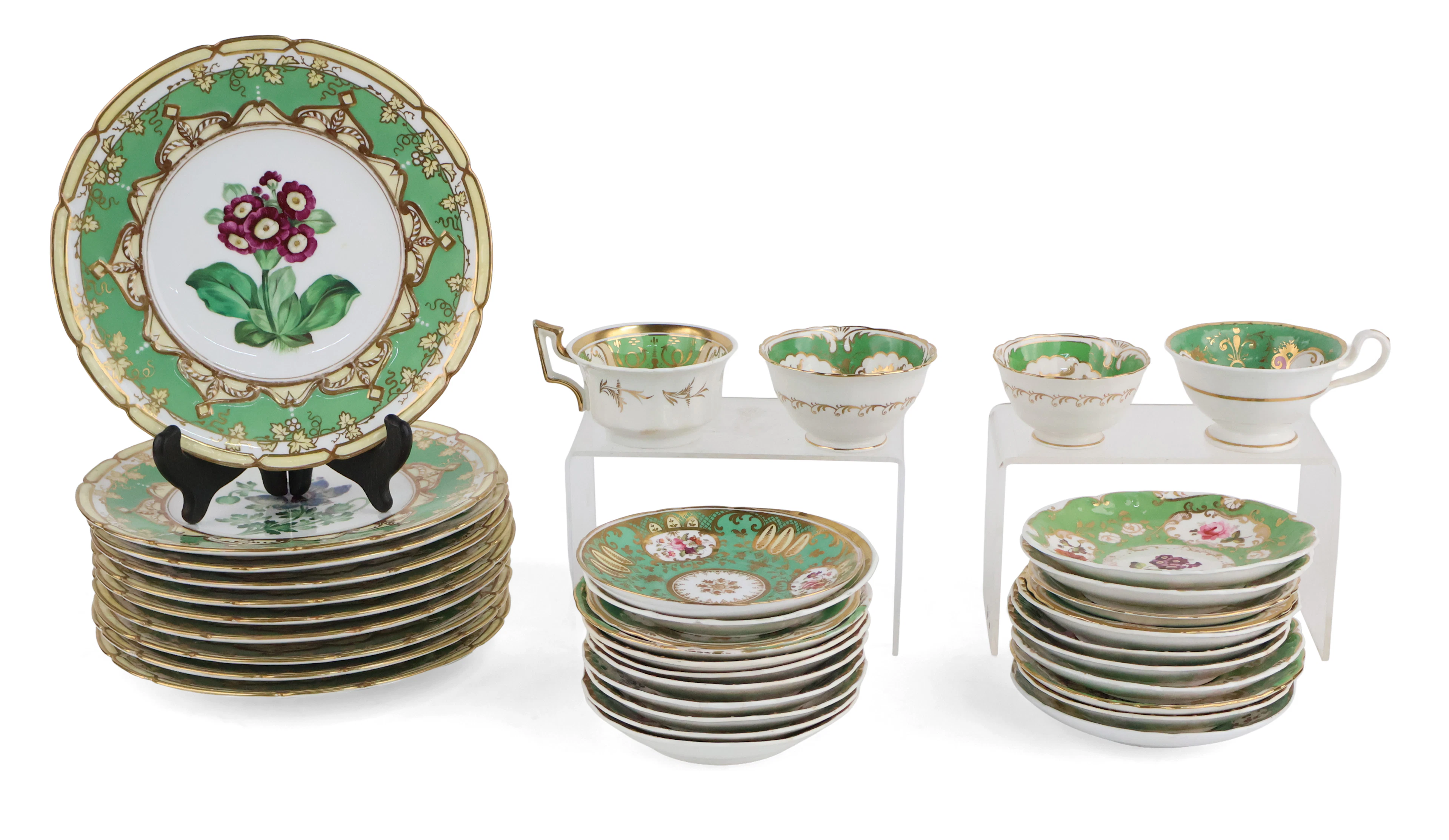 Group of Floral Decorated Green and Gilt Dinnerware