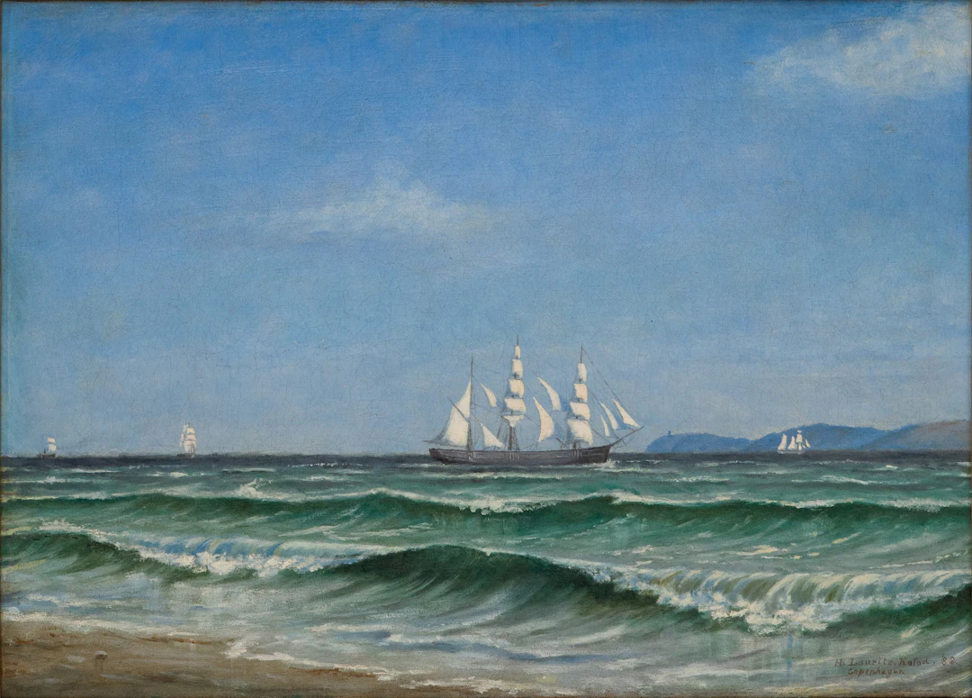 H. Lauritz Kofod, Clipper Ships Along Shore, Oil on Canvas