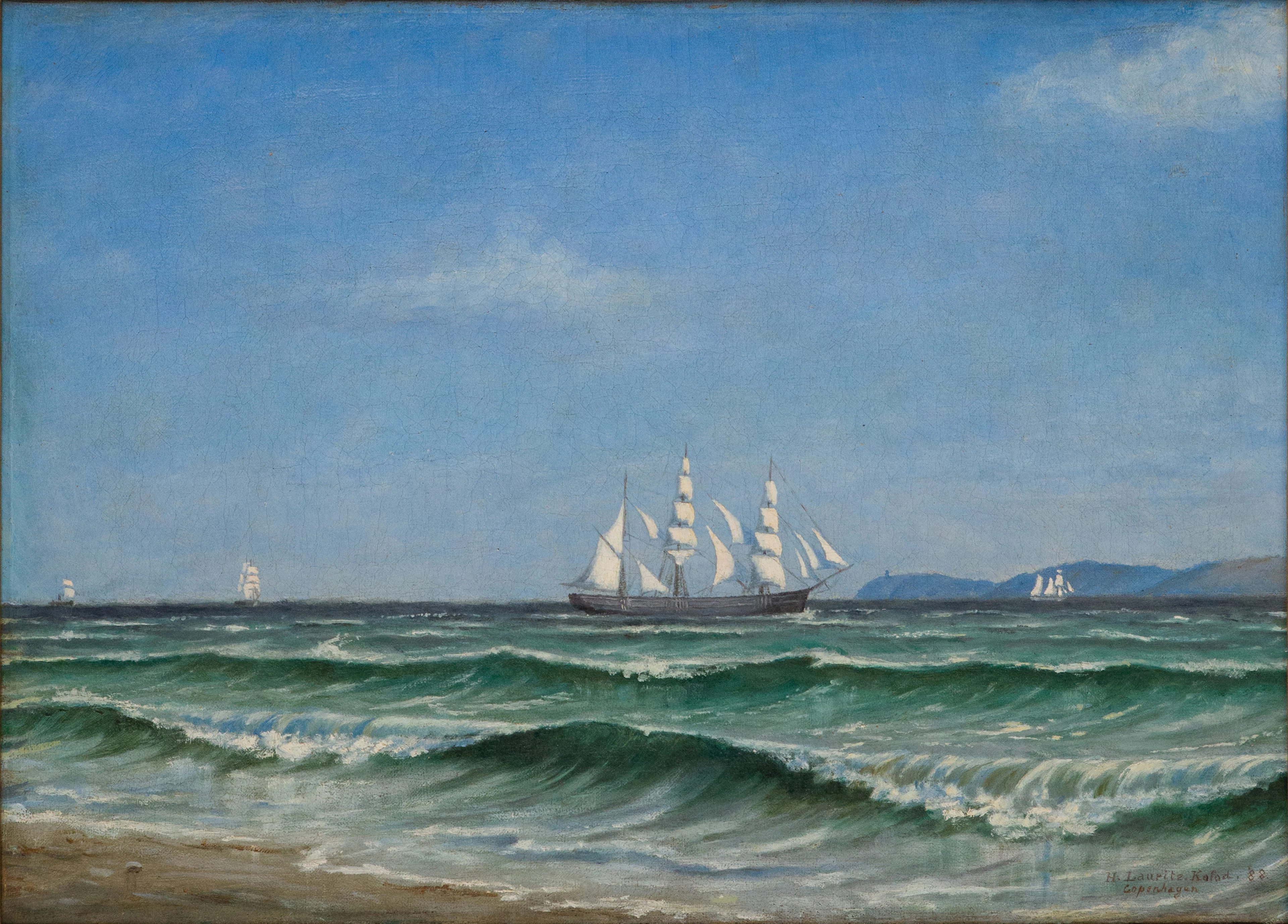 H. Lauritz Kofod, Clipper Ships Along Shore, Oil on Canvas