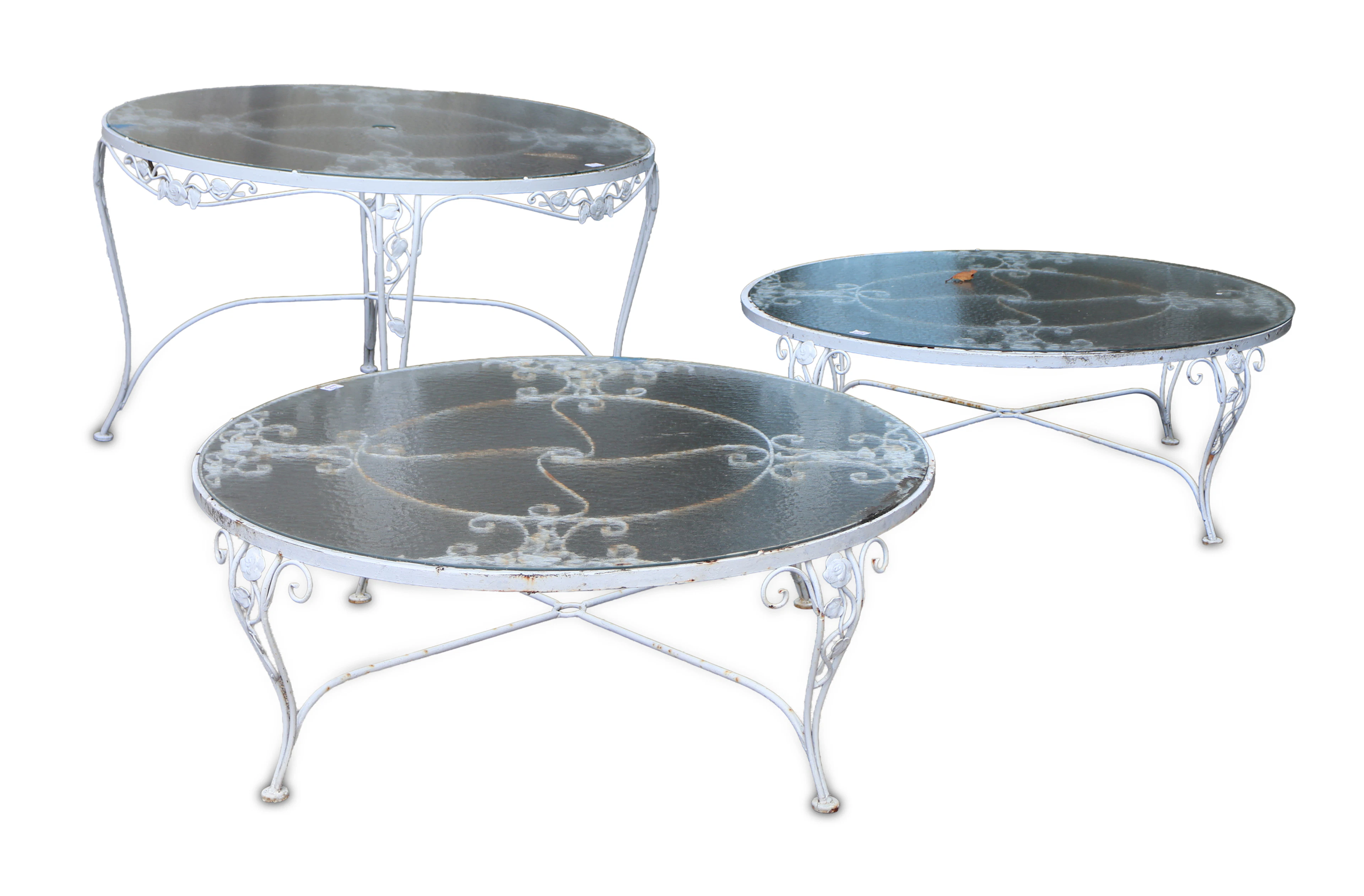 Three Round White Painted Cast-Aluminum Outdoor Tables
